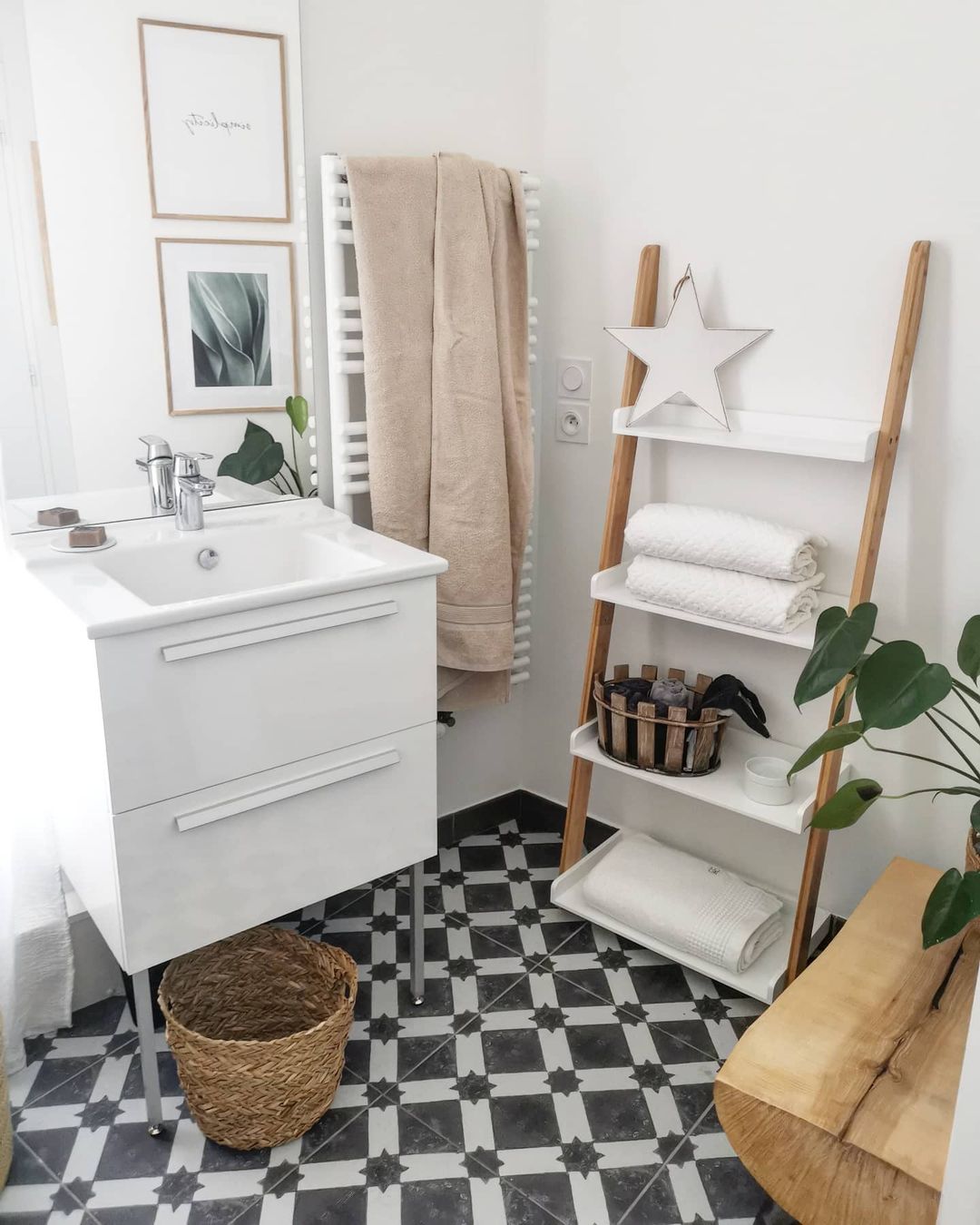 Neutral Bathroom Exudes Boho Luxe in Riad Floor Tile Stickers