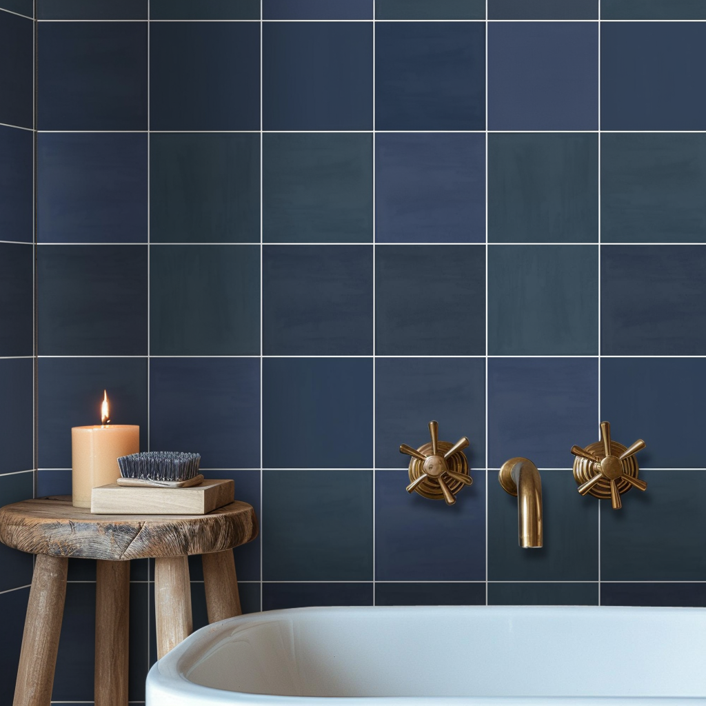 a bathroom with blue tiles and a candle