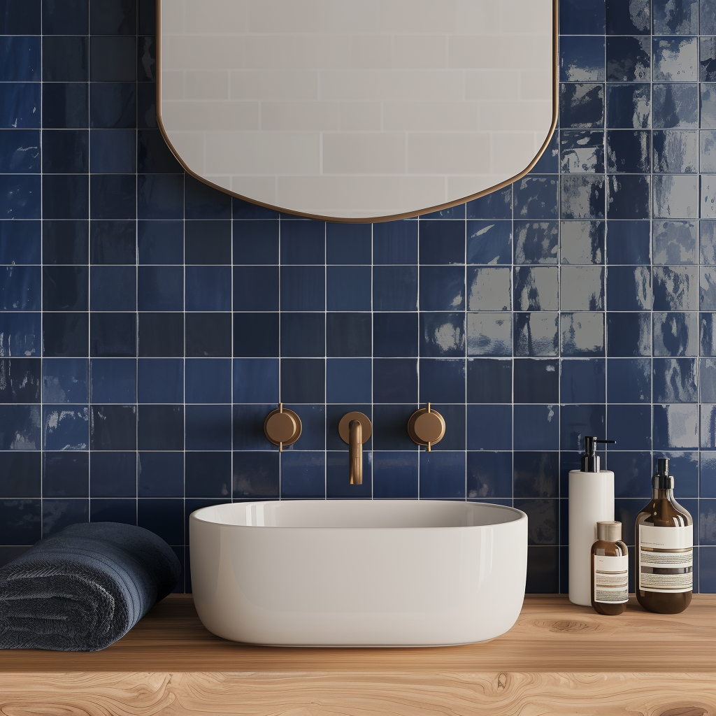 a bathroom with blue tiles and a round sink