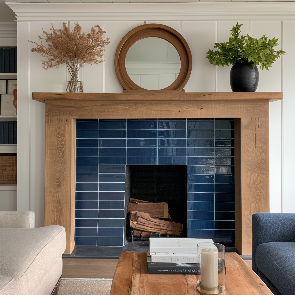 a living room with a fireplace and a mirror