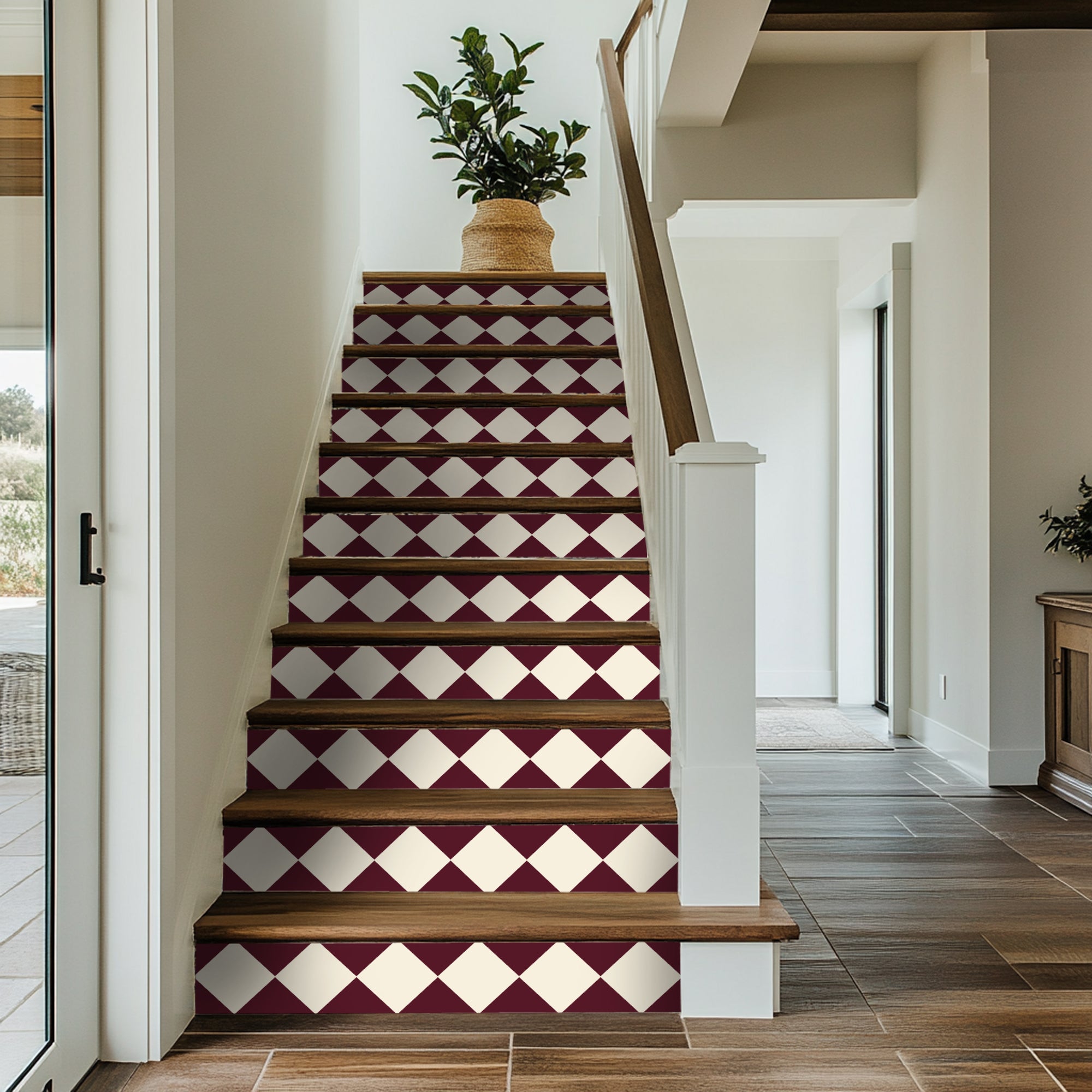 a stair case with a potted plant on top of it