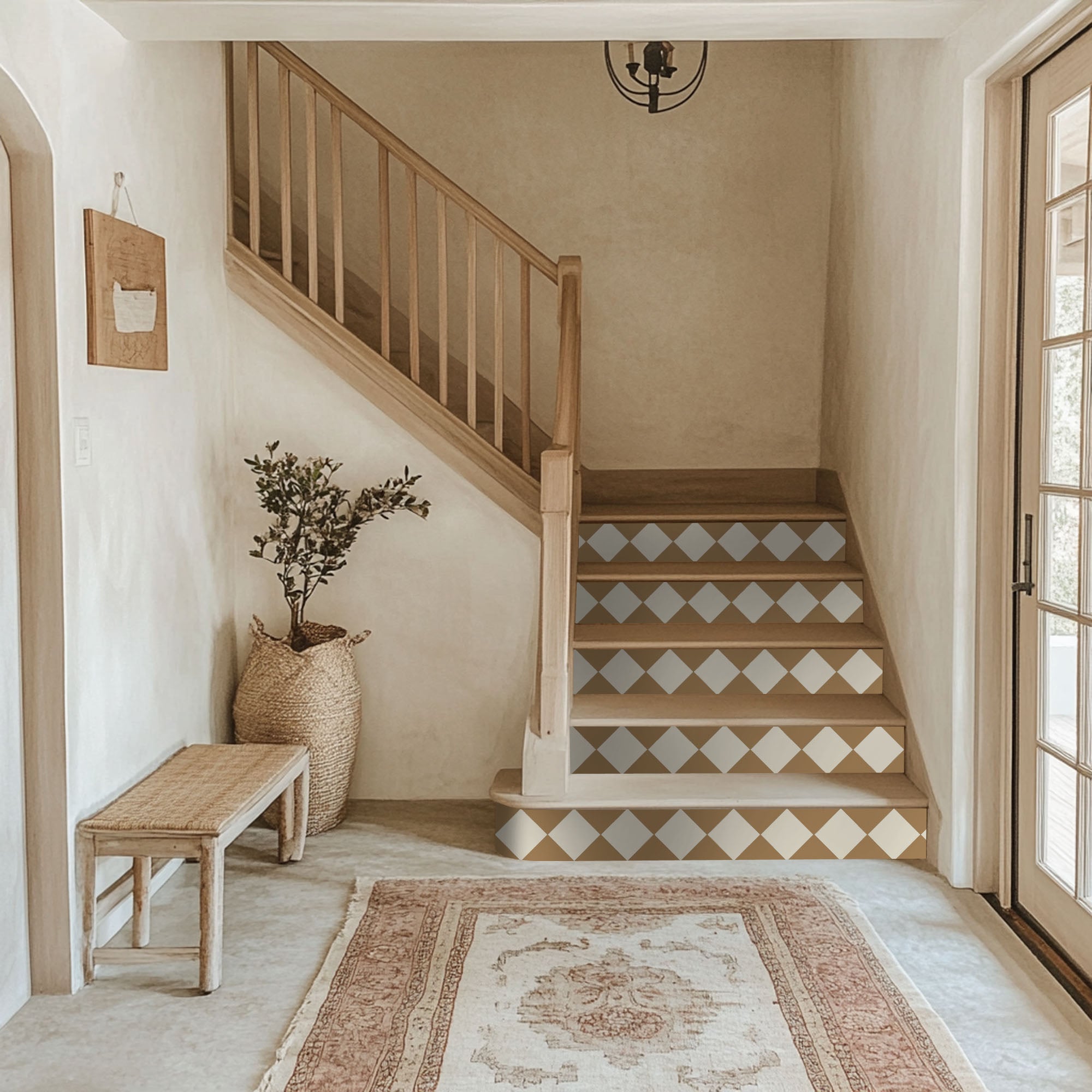 Checkerboard Stair Riser Stickers Bone White and Gold Leaf