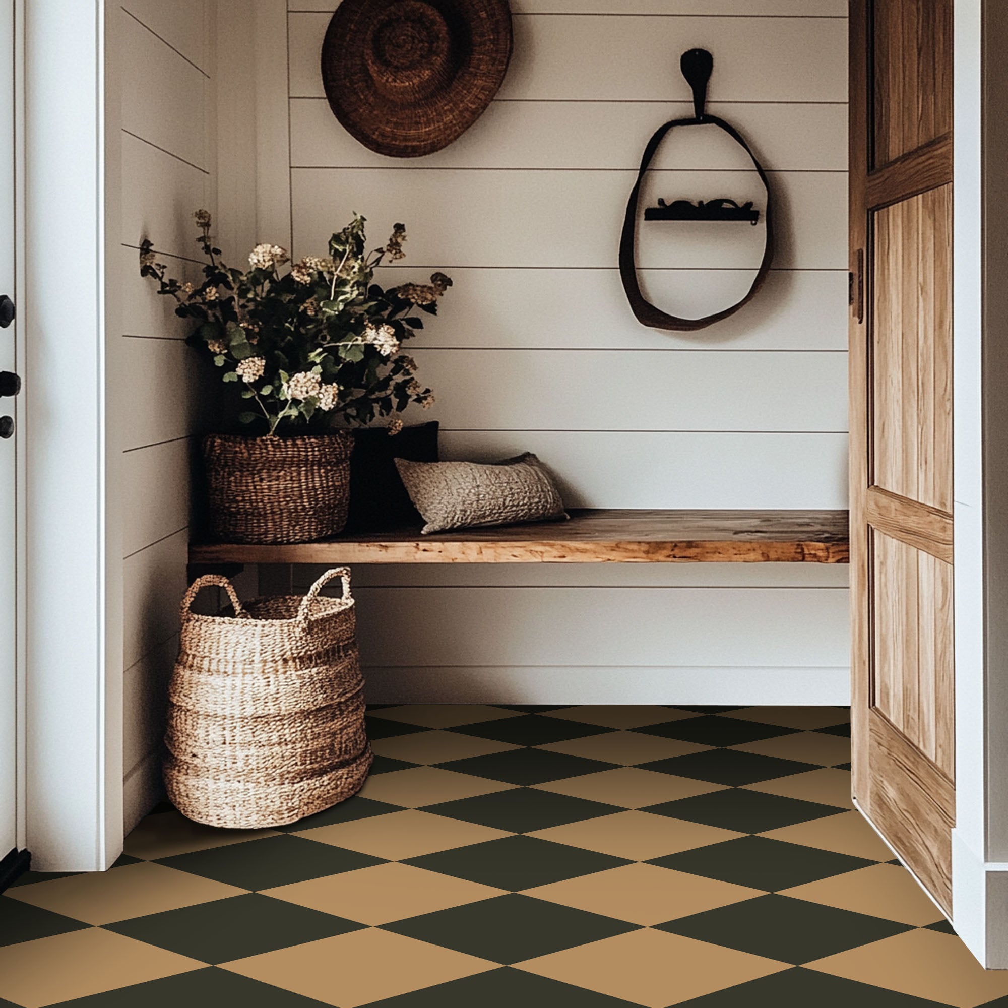 Checkerboard Tile Stickers in Charcoal and Gold Leaf