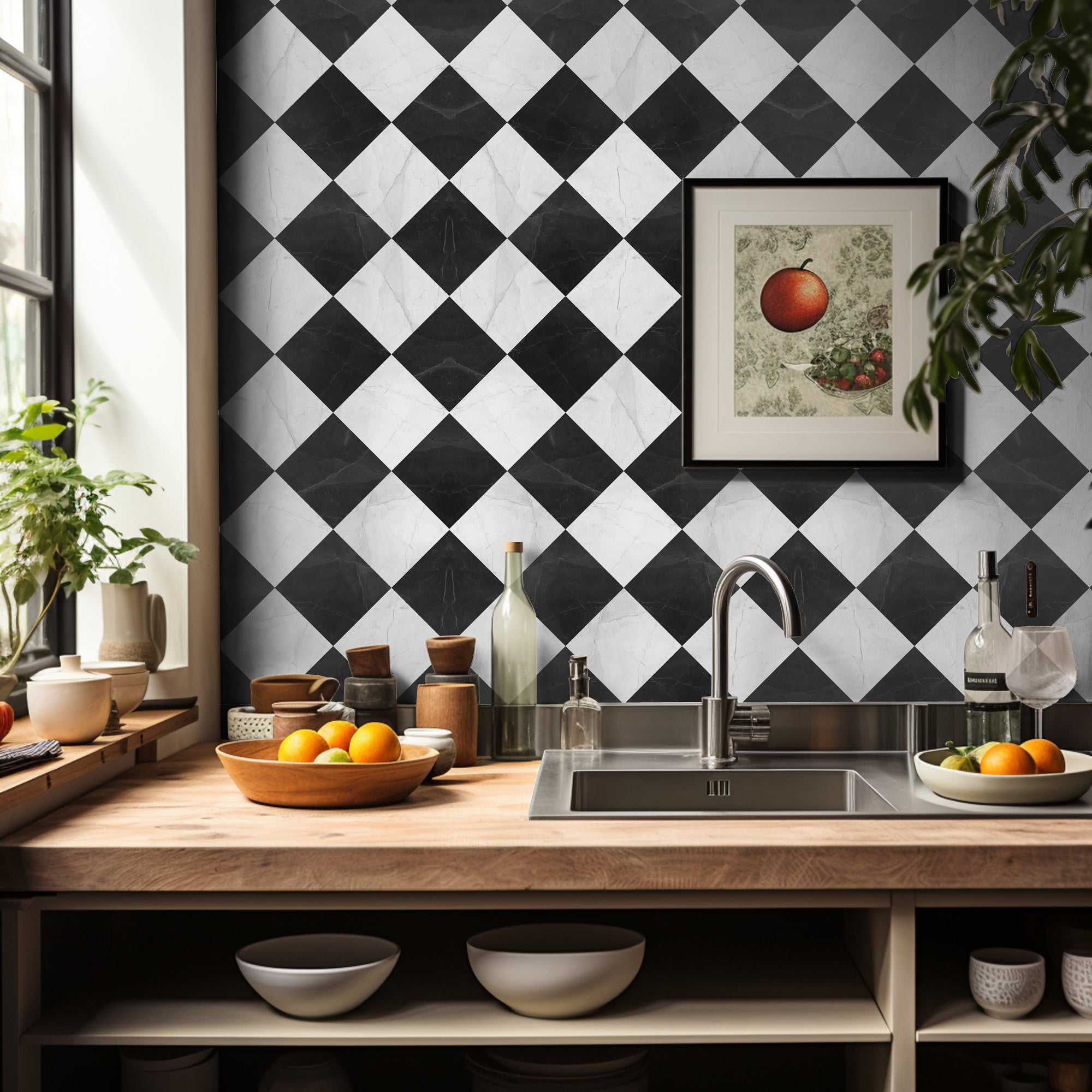 Checkerboard in Black and White Marble Tile Sticker
