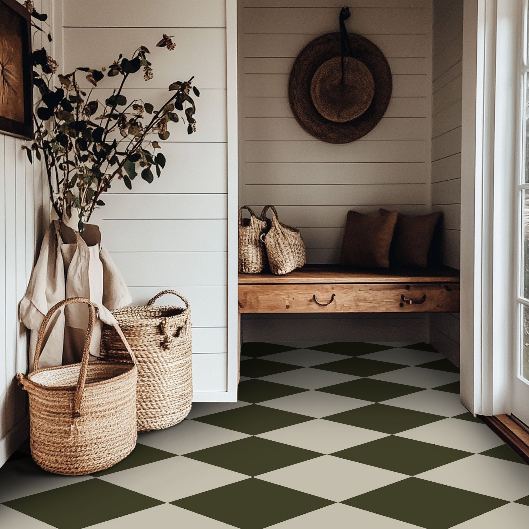 Checkerboard Tile Stickers in Dark Olive and Sepia