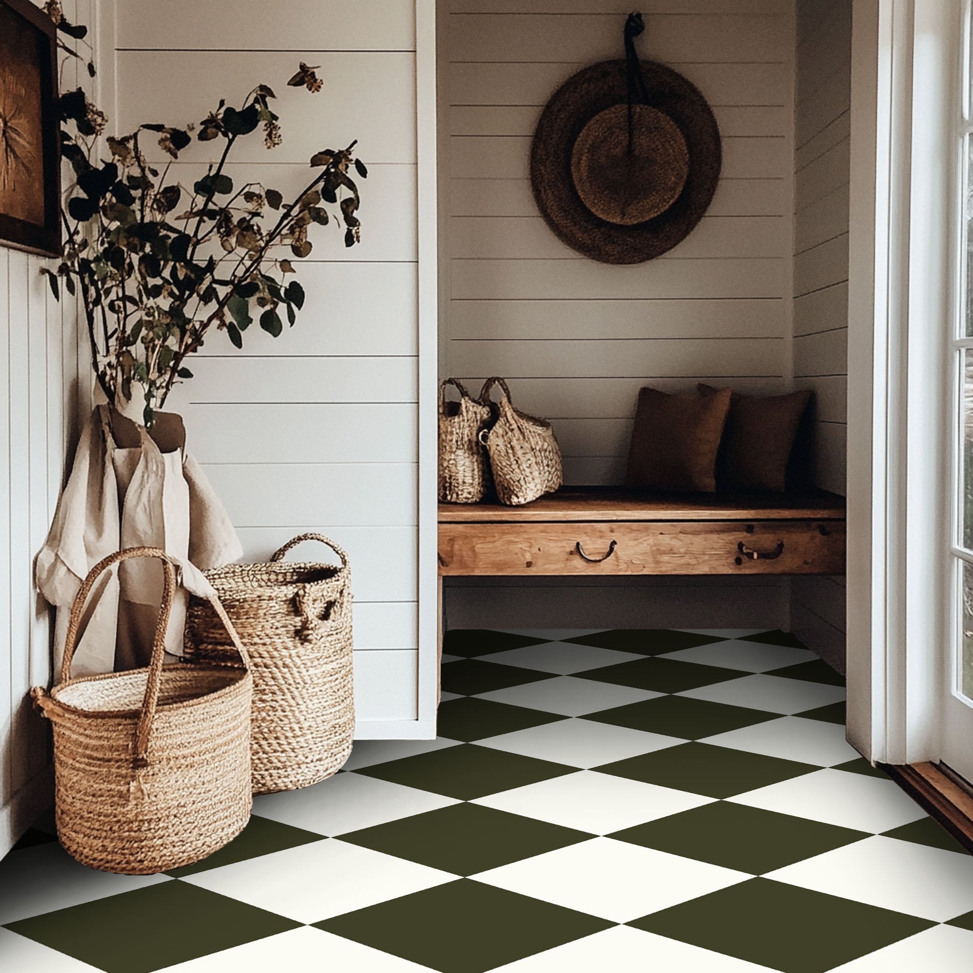 Checkerboard Tile Stickers in Bone White and Dark Olive