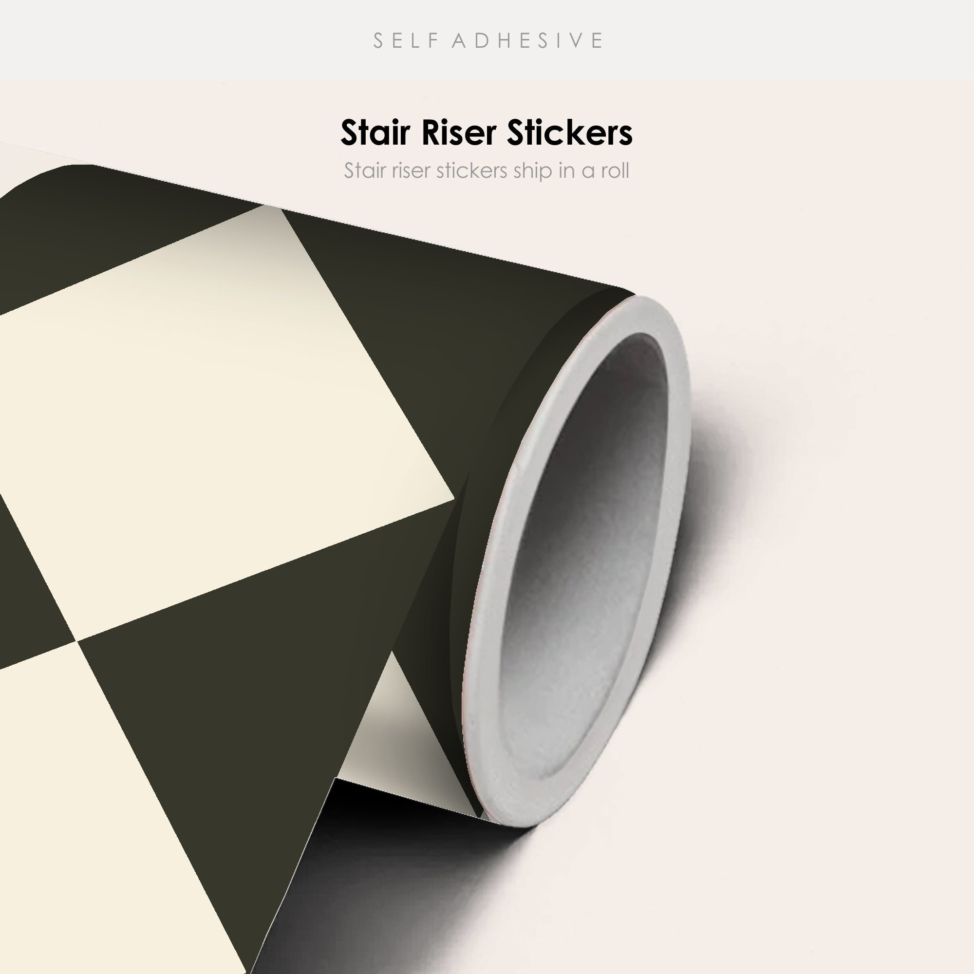 Checkerboard Stair Riser Stickers Bone White and Charcoal