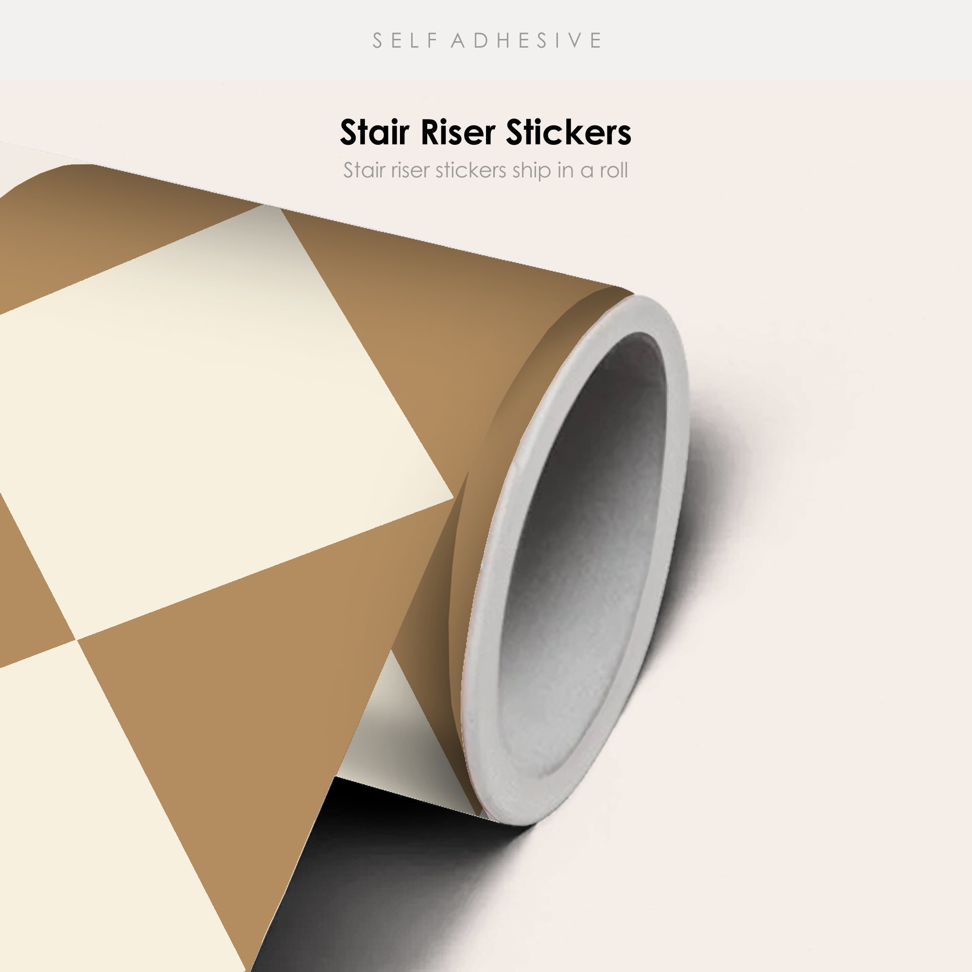 Checkerboard Stair Riser Stickers Bone White and Gold Leaf