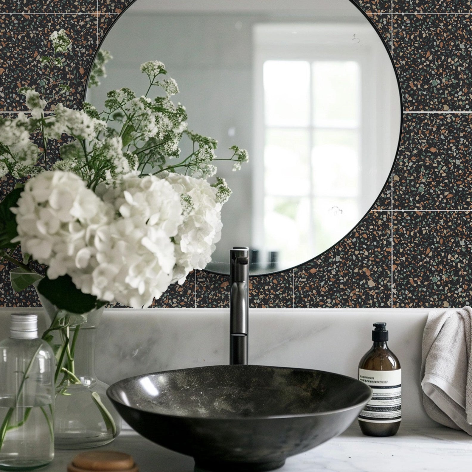 Terrazzo Earthy Black Vinyl Tile Sticker