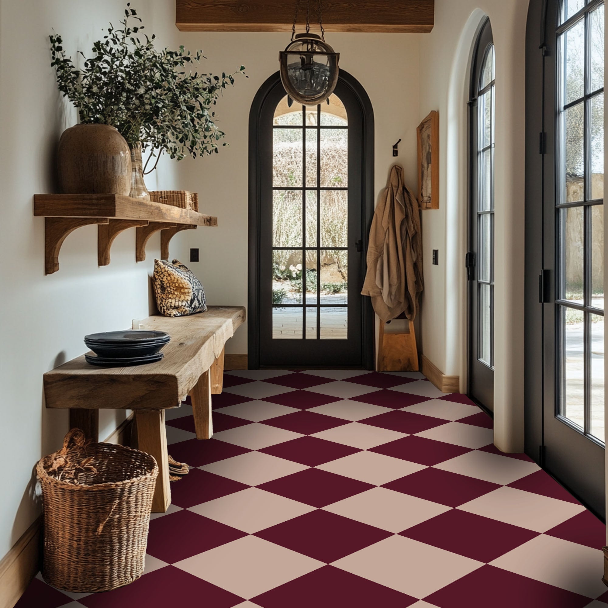Checkerboard Tile Stickers in Wine and Dust
