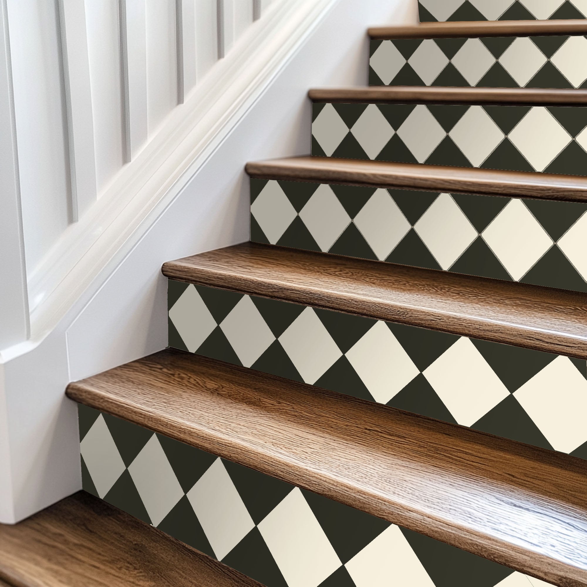 Checkerboard Stair Riser Stickers Bone White and Charcoal
