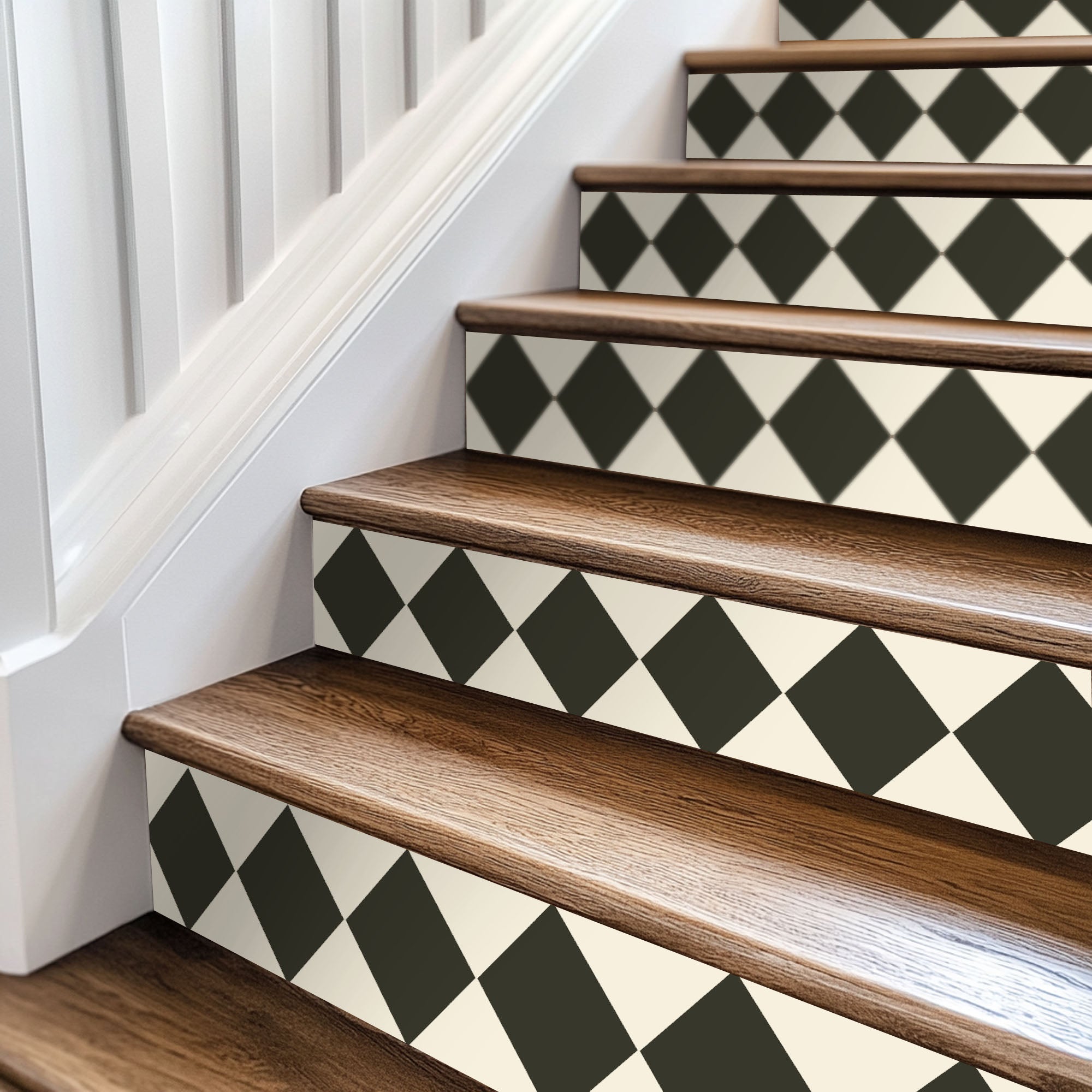 Checkerboard Stair Riser Stickers Bone White and Charcoal