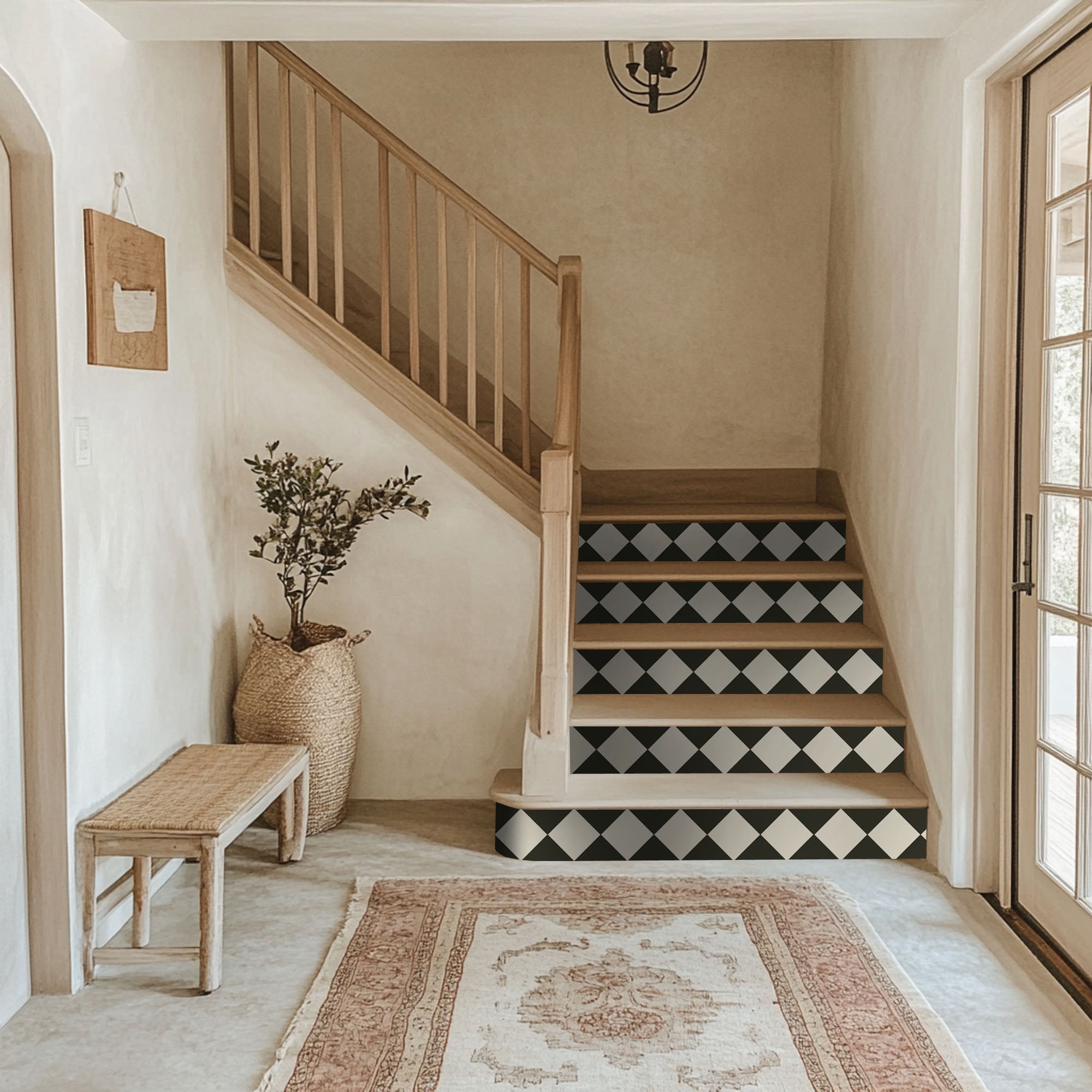Checkerboard Stair Riser Stickers Bone White and Charcoal
