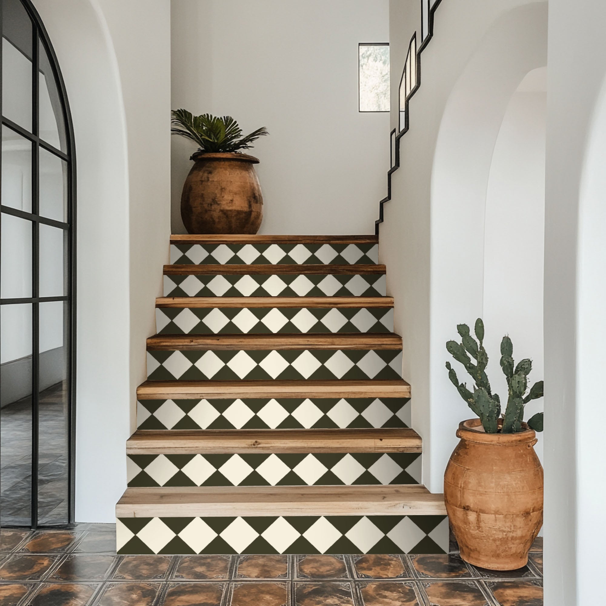 Checkerboard Stair Riser Stickers Bone White and Dark Olive