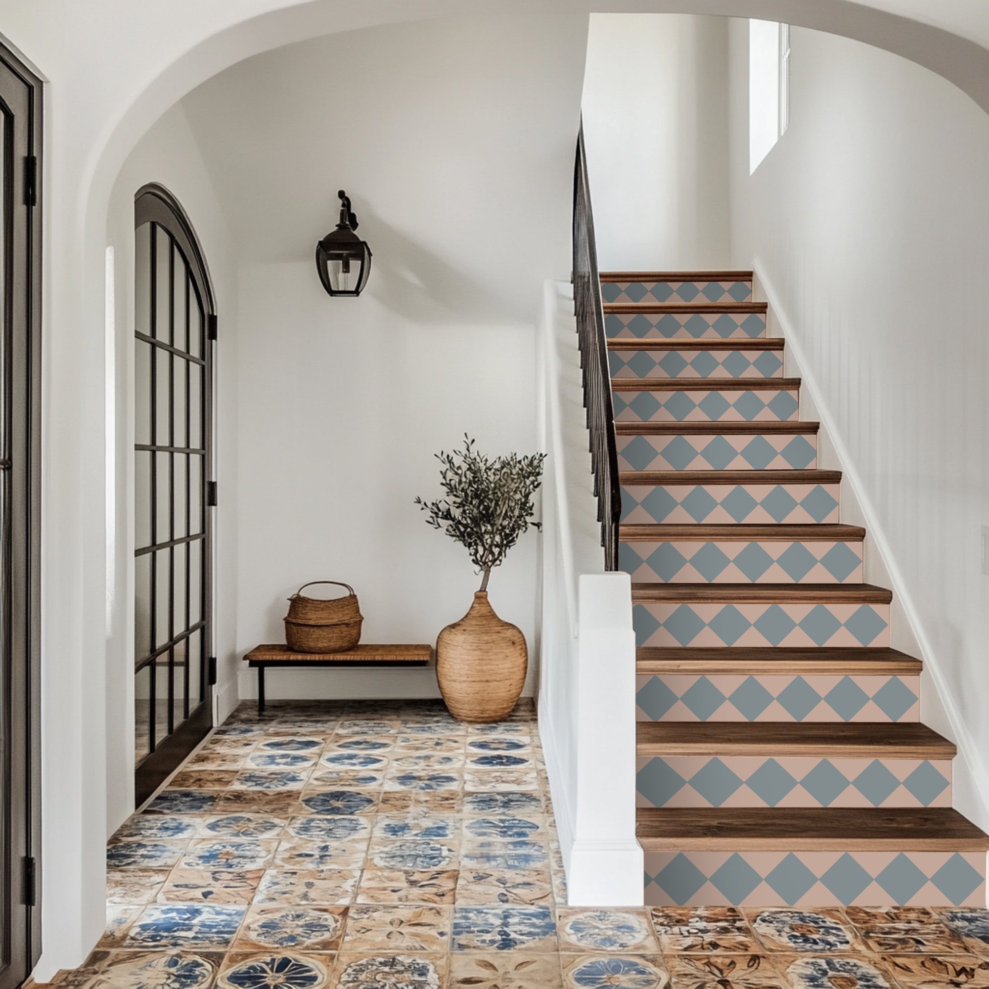 Checkerboard Stair Riser Stickers Chambray and Dust
