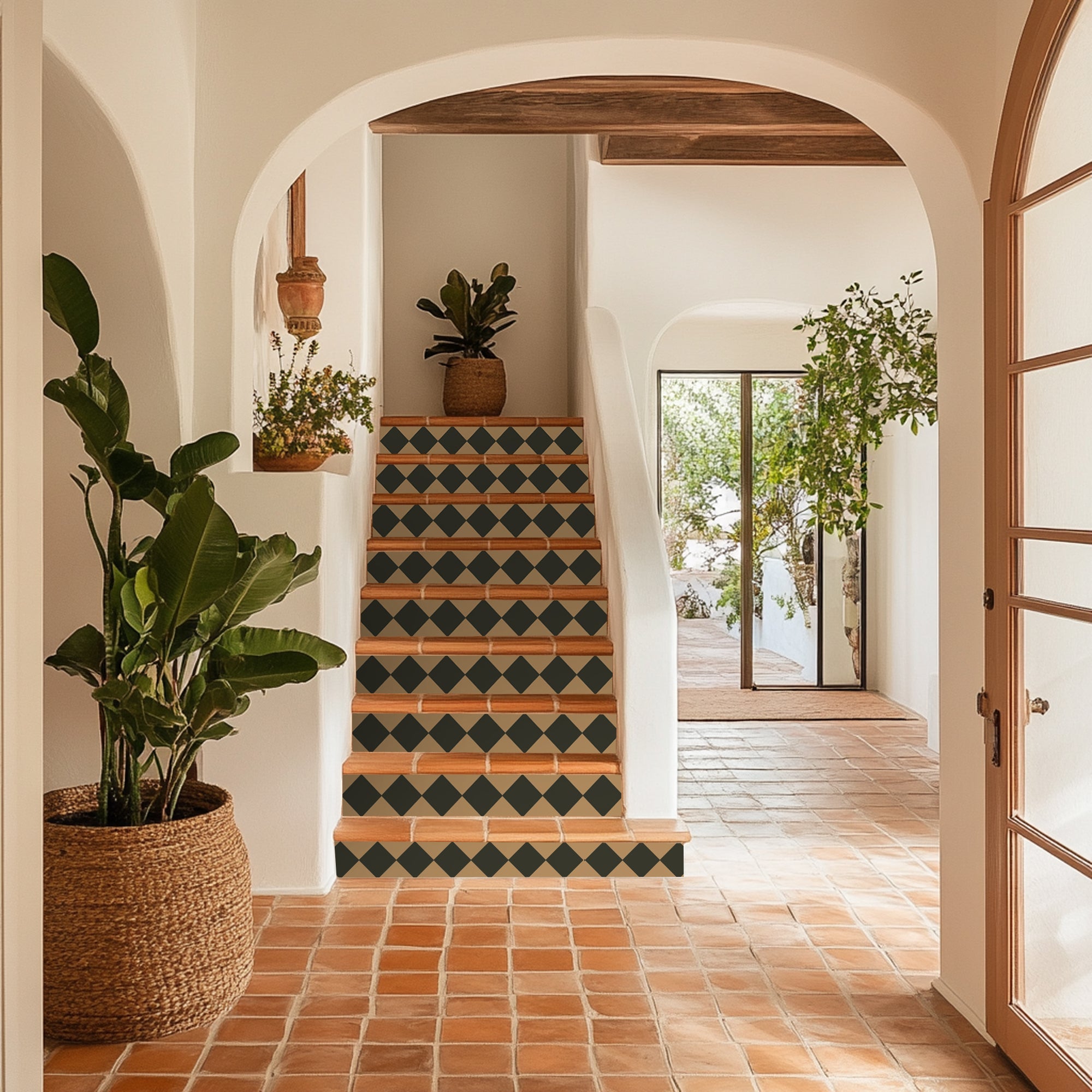 Checkerboard Stair Riser Stickers Charcoal and Gold Leaf