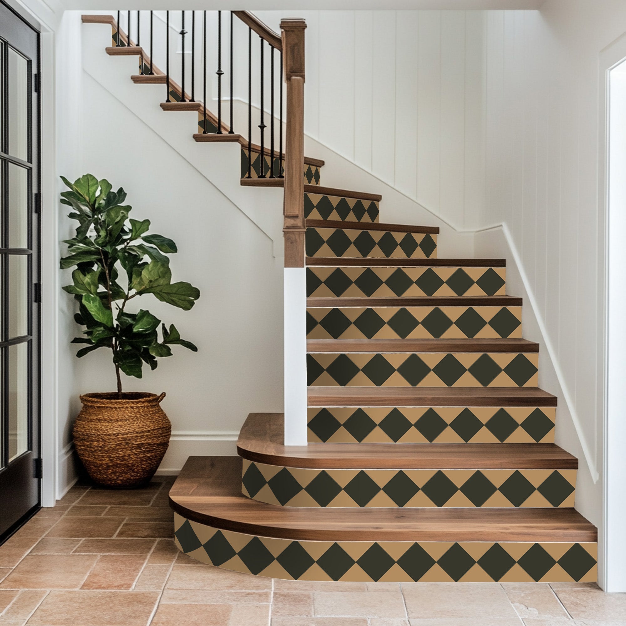 Checkerboard Stair Riser Stickers Charcoal and Gold Leaf