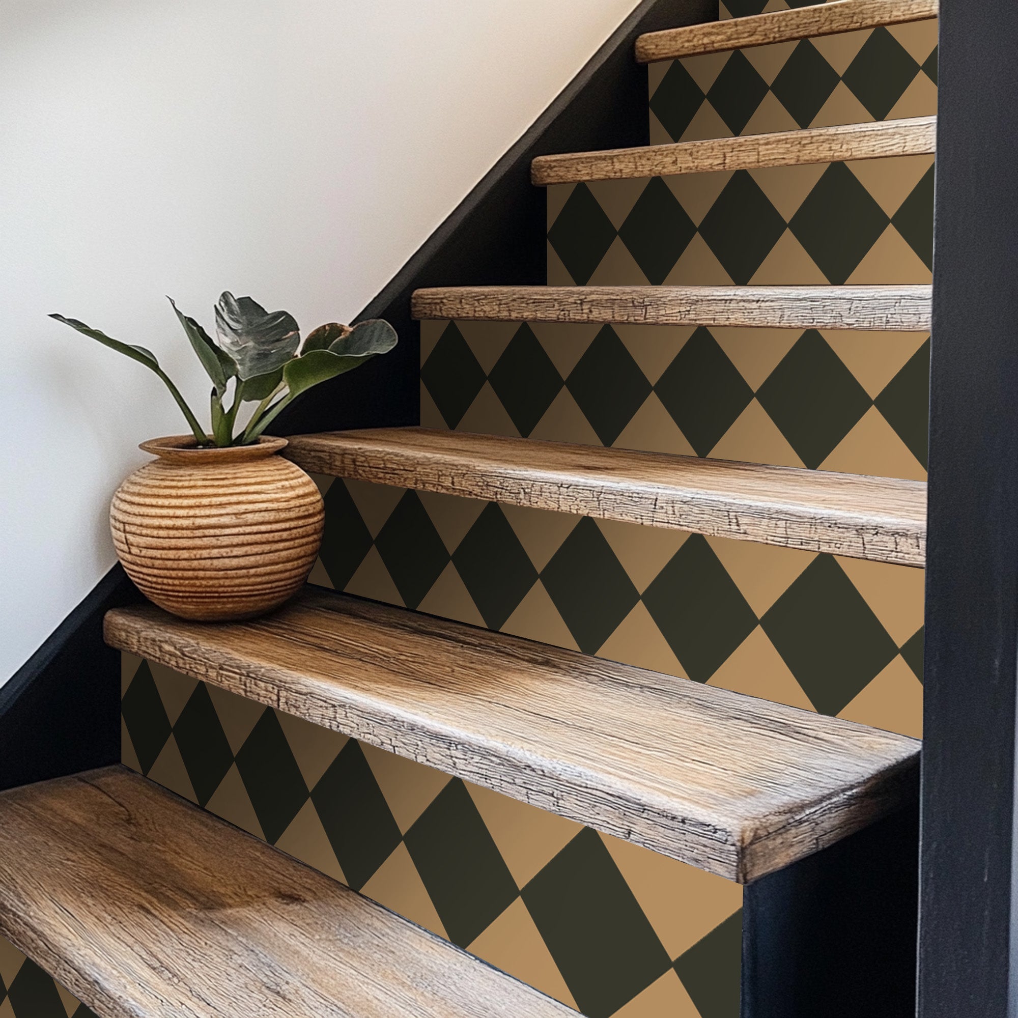 Checkerboard Stair Riser Stickers Charcoal and Gold Leaf