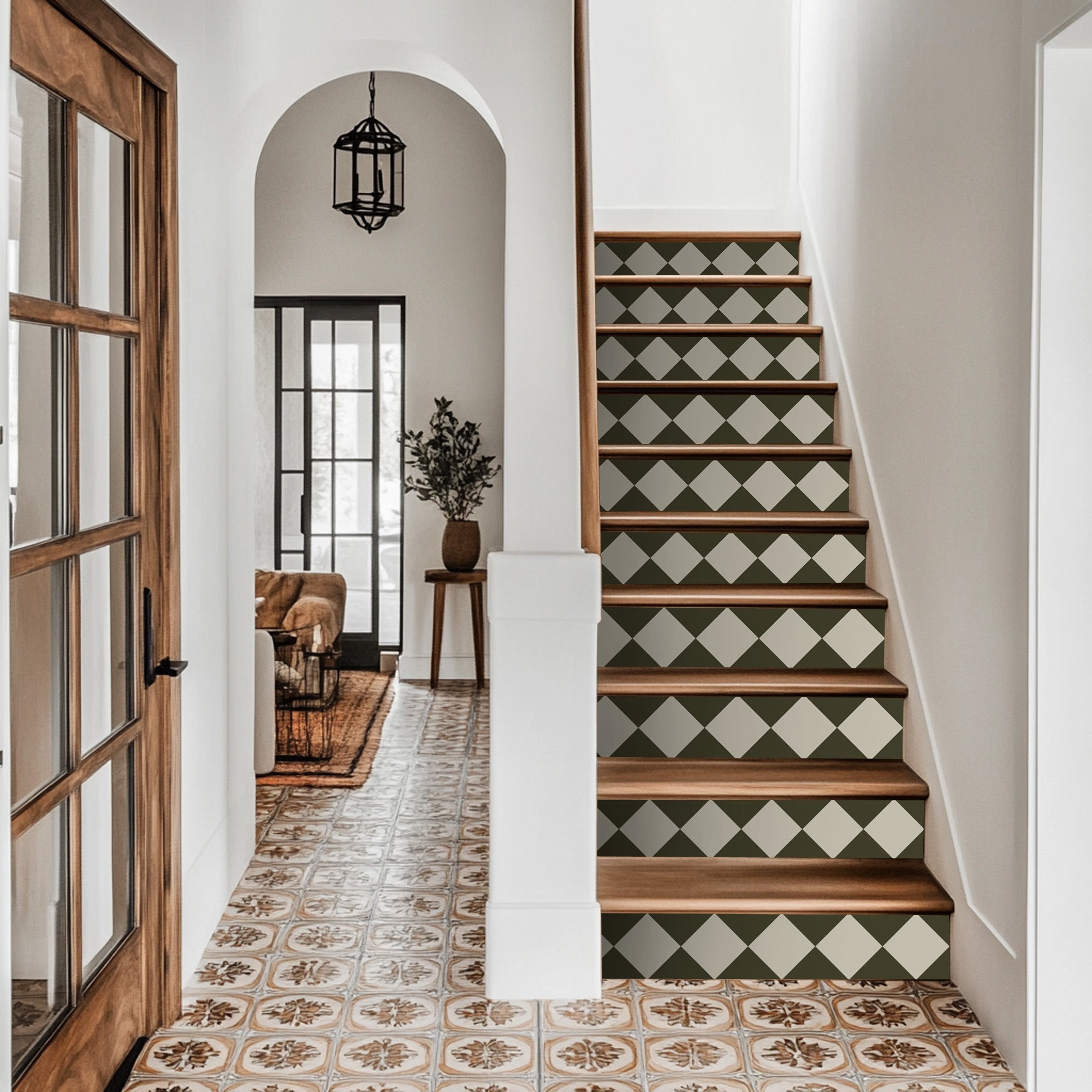 Checkerboard Stair Riser Stickers Dark Olive and Sepia