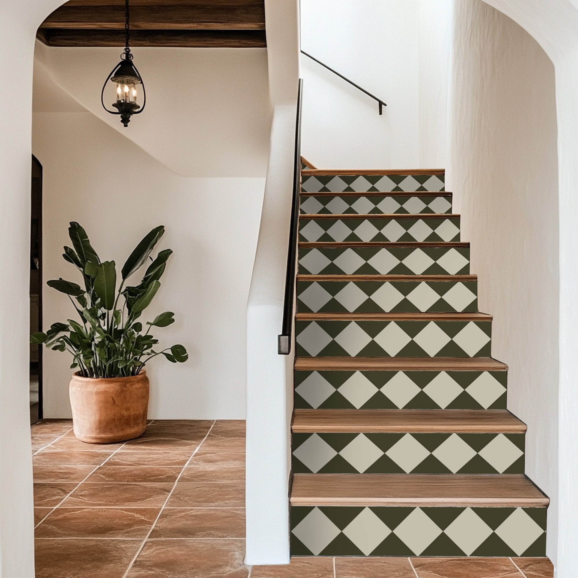 Checkerboard Stair Riser Stickers Dark Olive and Sepia