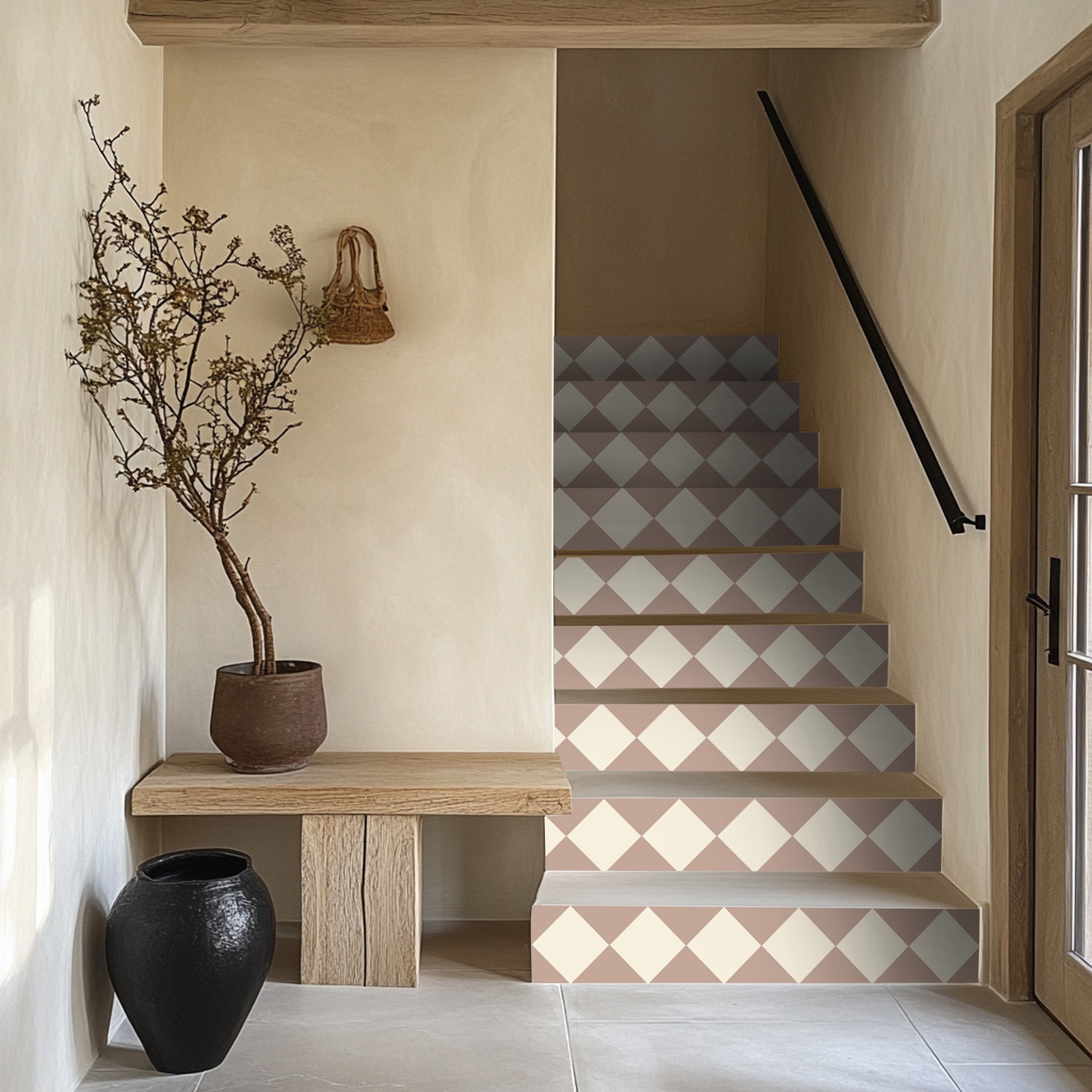 Checkerboard Stair Riser Stickers Dust and Bone White