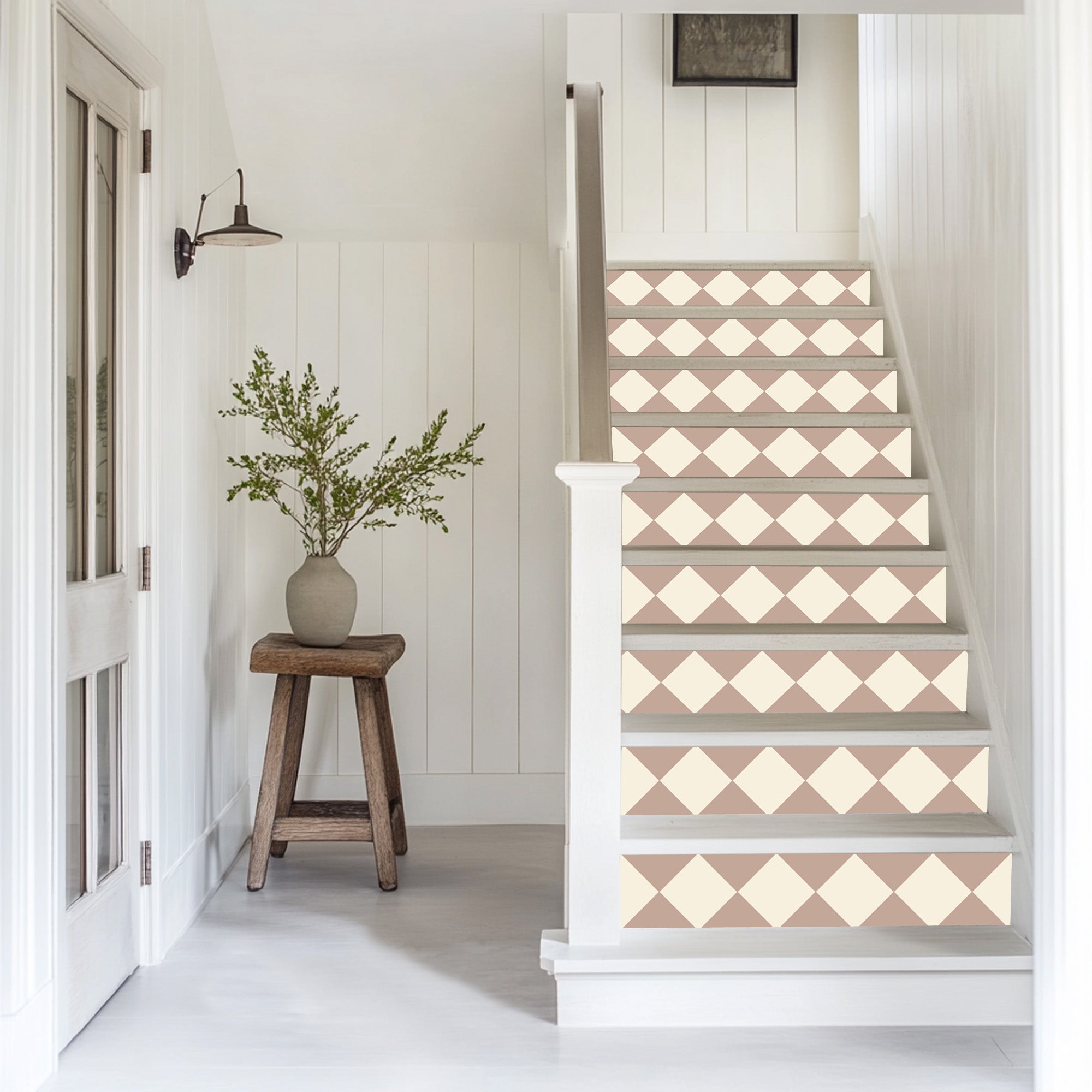 Checkerboard Stair Riser Stickers Dust and Bone White