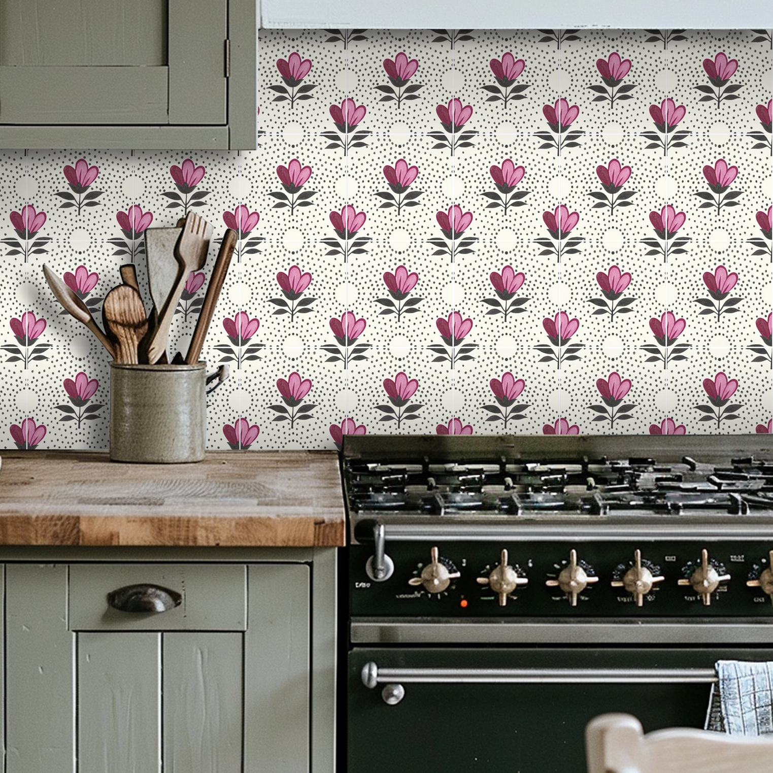 a stove top oven sitting next to a wooden counter