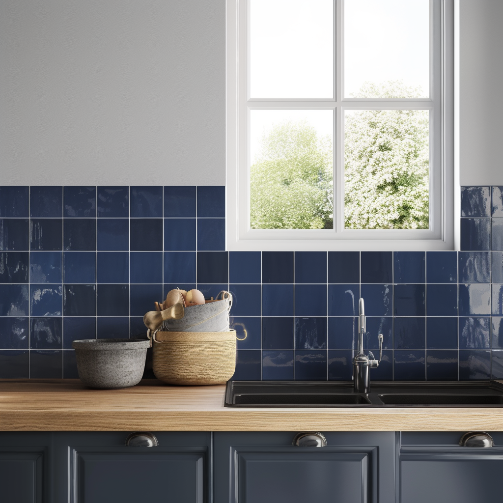 a kitchen with blue tiles and a window
