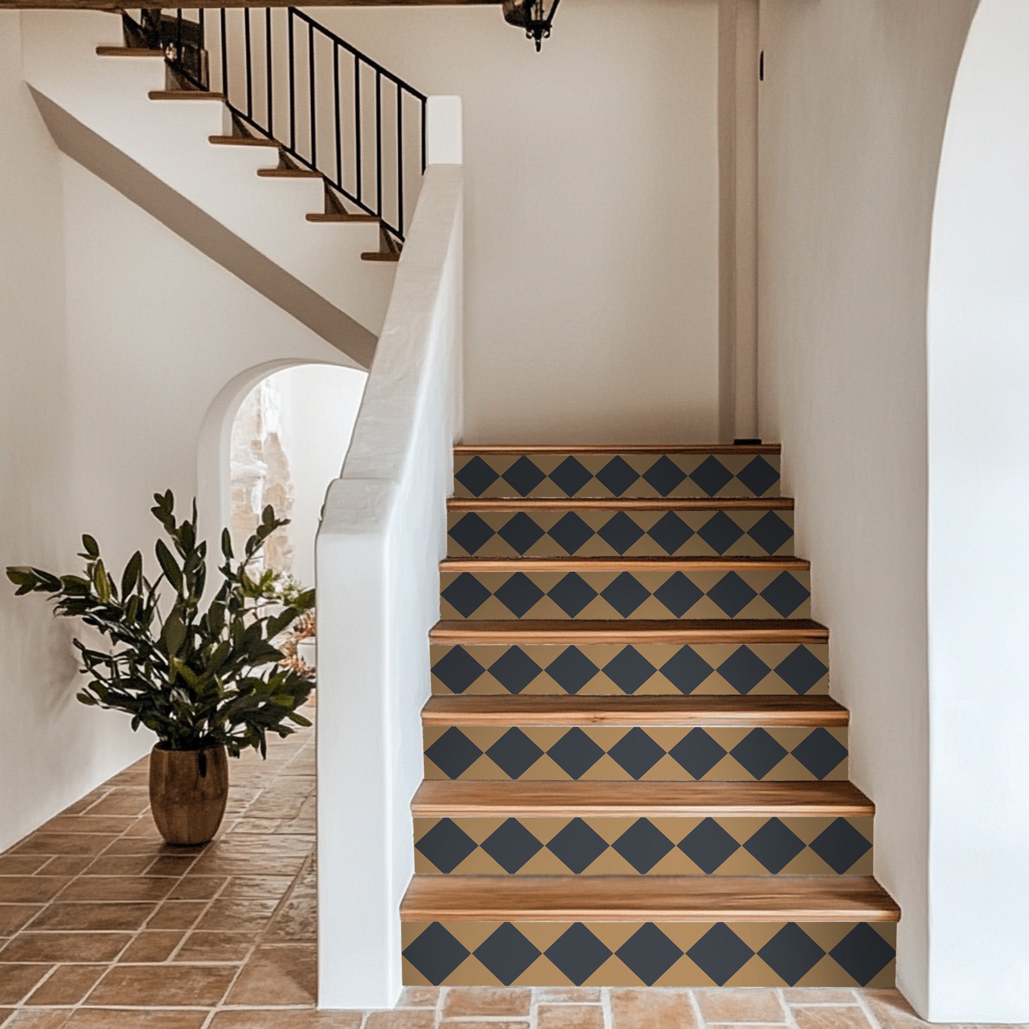Checkerboard Stair Riser Stickers Gold Leaf and Old Navy