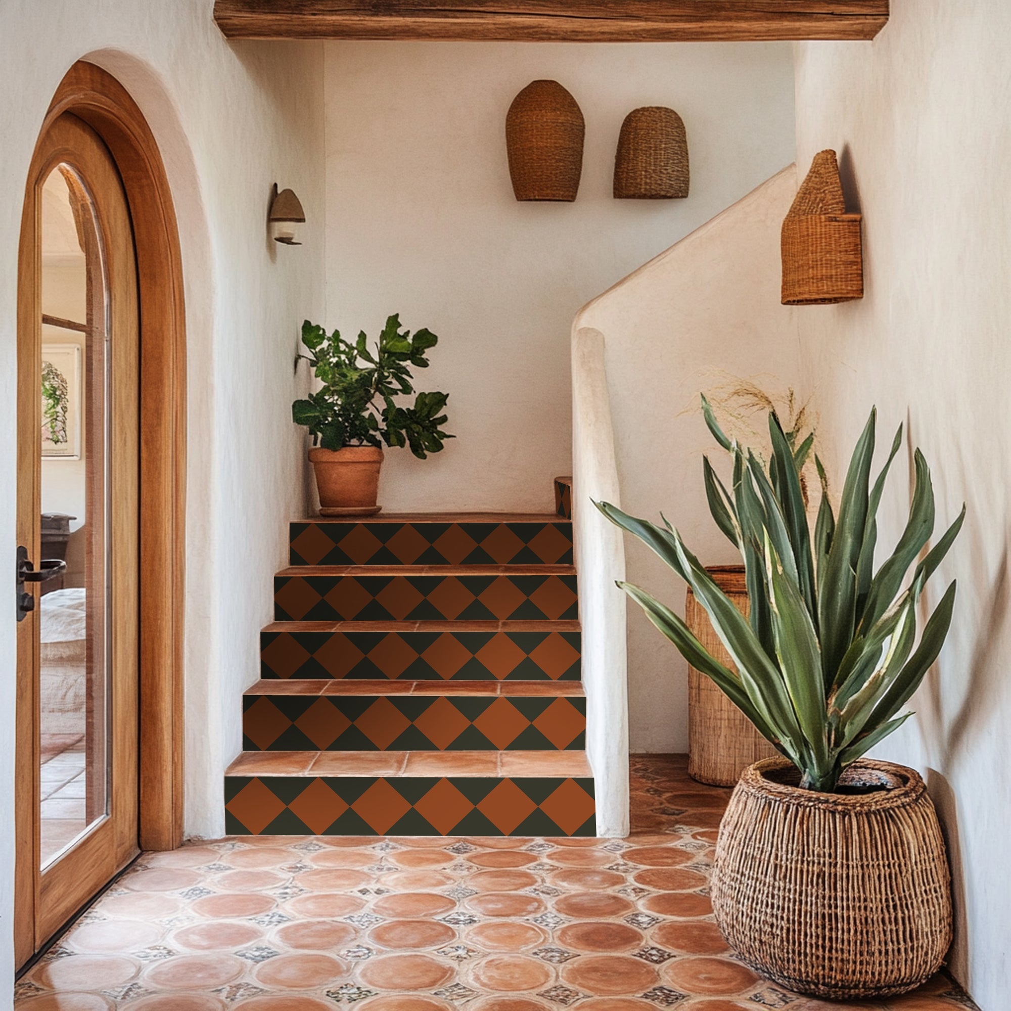 Checkerboard Stair Riser Stickers Sienna and Charcoal