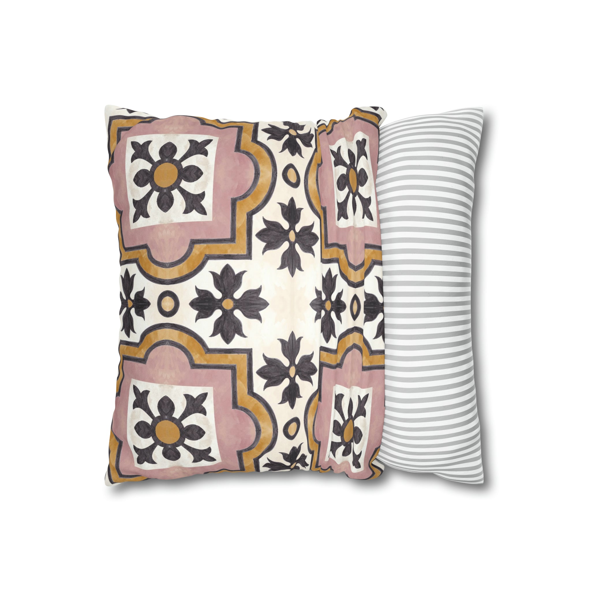 a pillow with a flower pattern and a striped pillow case