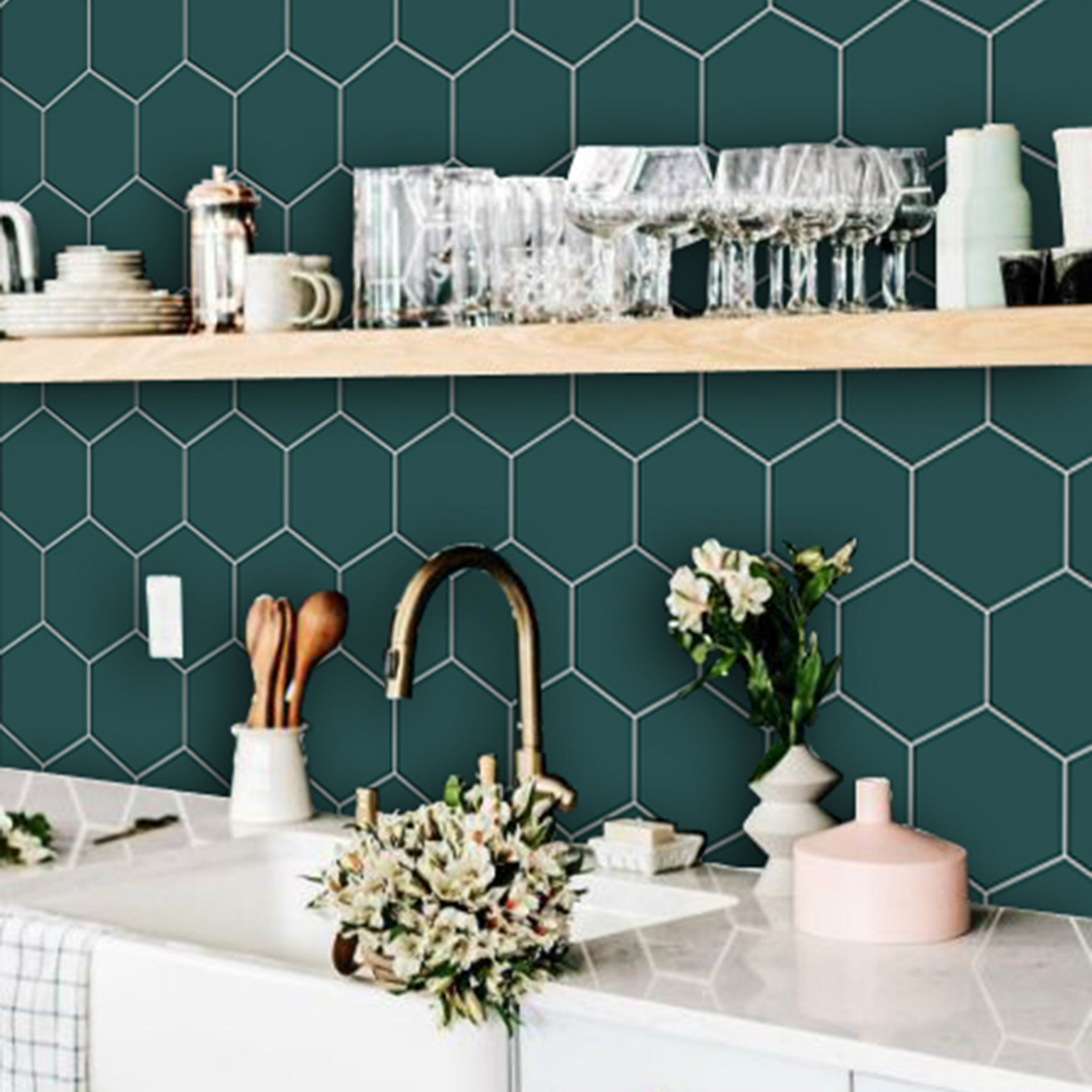 Hexa in Peacock Green Wallpaper