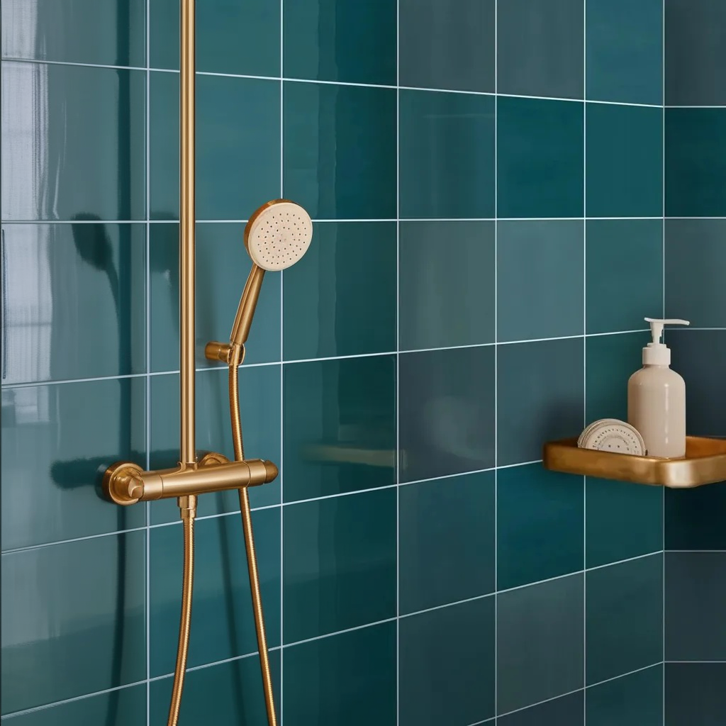 a blue tiled bathroom with a gold shower head