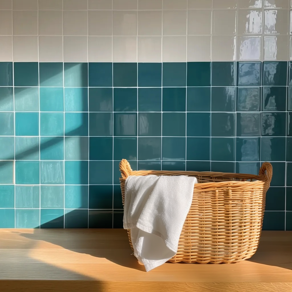 a wicker laundry basket with a white towel in front of a blue tiled wall