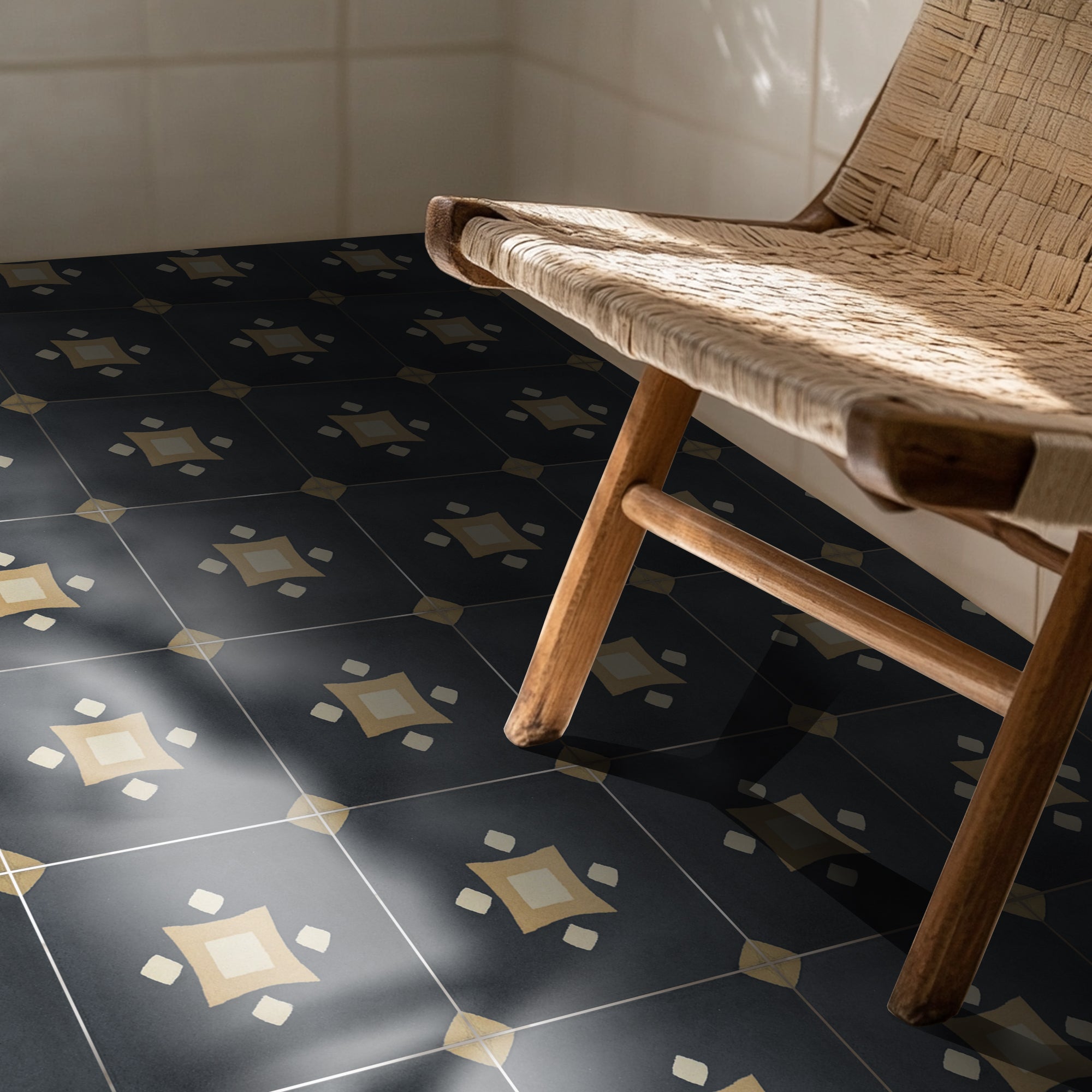 a wooden bench sitting on top of a tiled floor