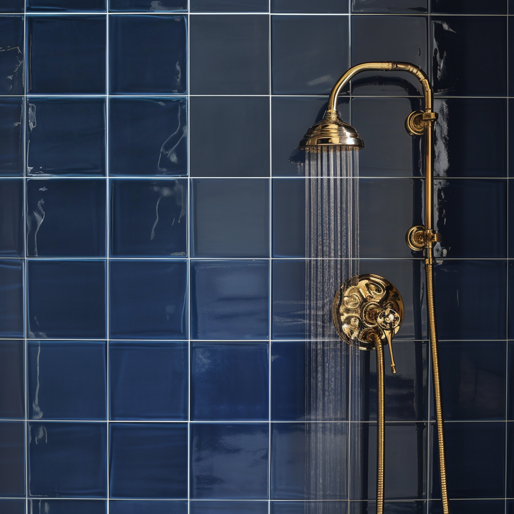 a shower head with a blue tiled wall behind it