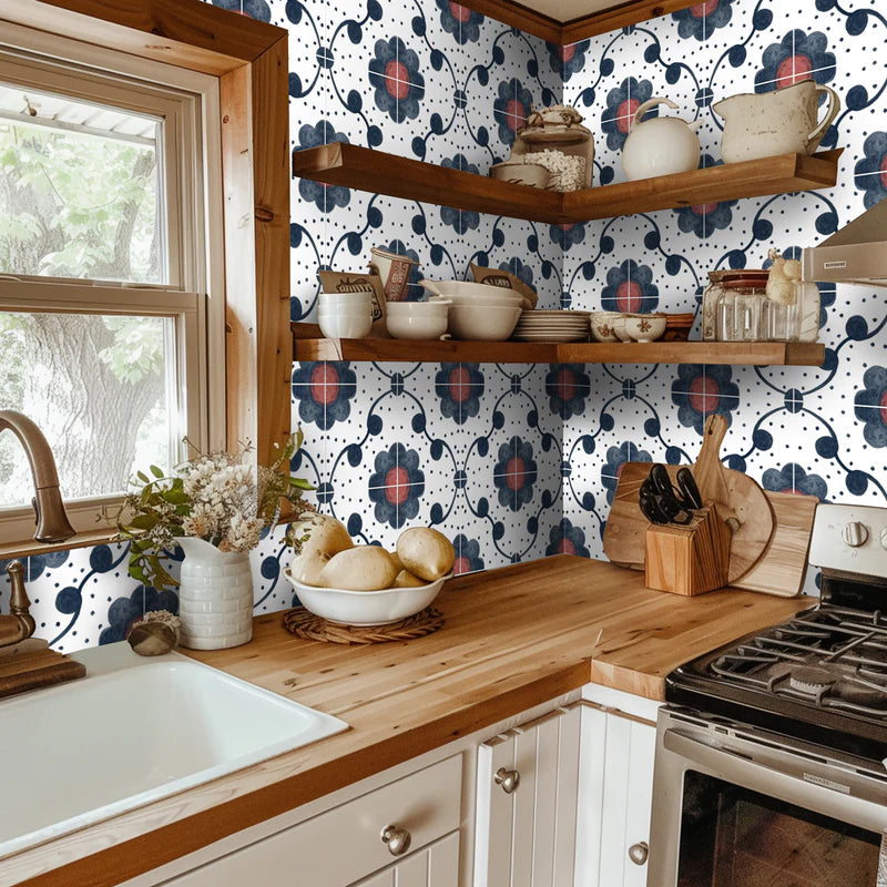 a kitchen with a sink, stove and shelves