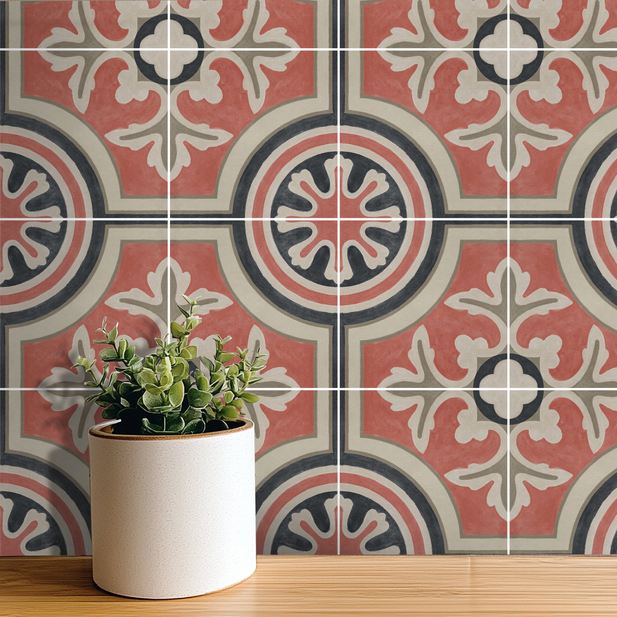 a potted plant sitting on a table in front of a tiled wall