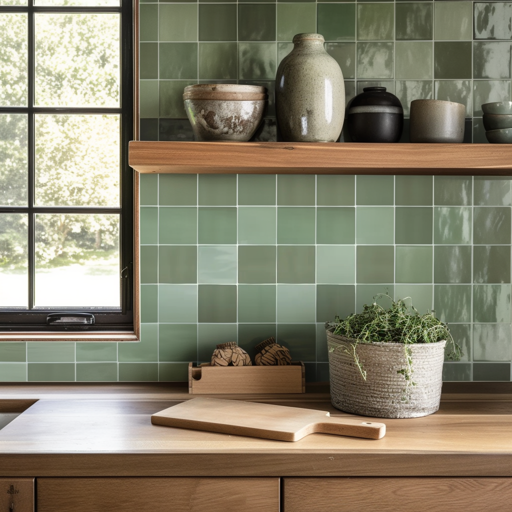 a kitchen counter with a potted plant on top of it