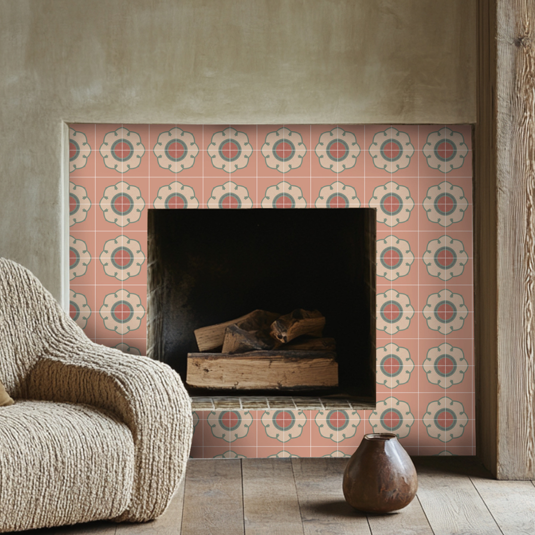 a living room with a chair and a fireplace