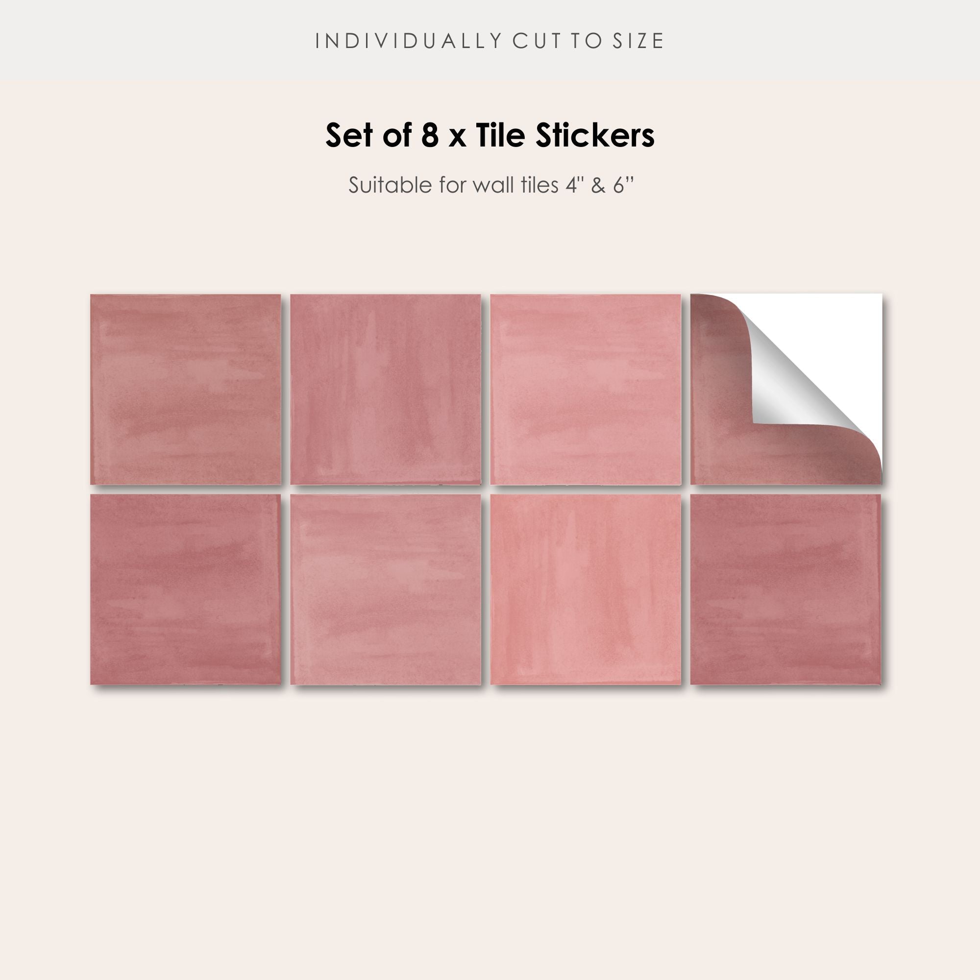 a set of 8 tile stickers with a pink background