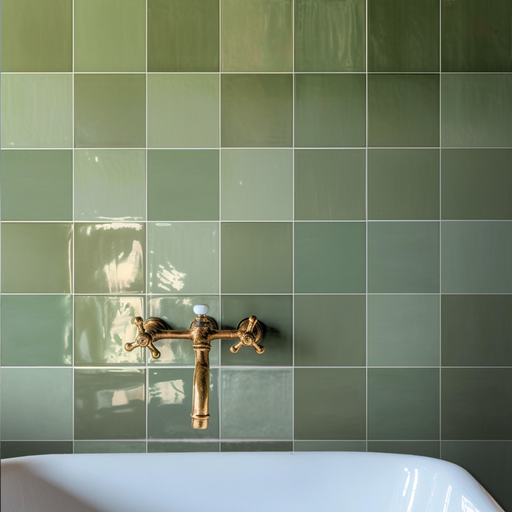 a bathroom sink with a faucet and a green tiled wall