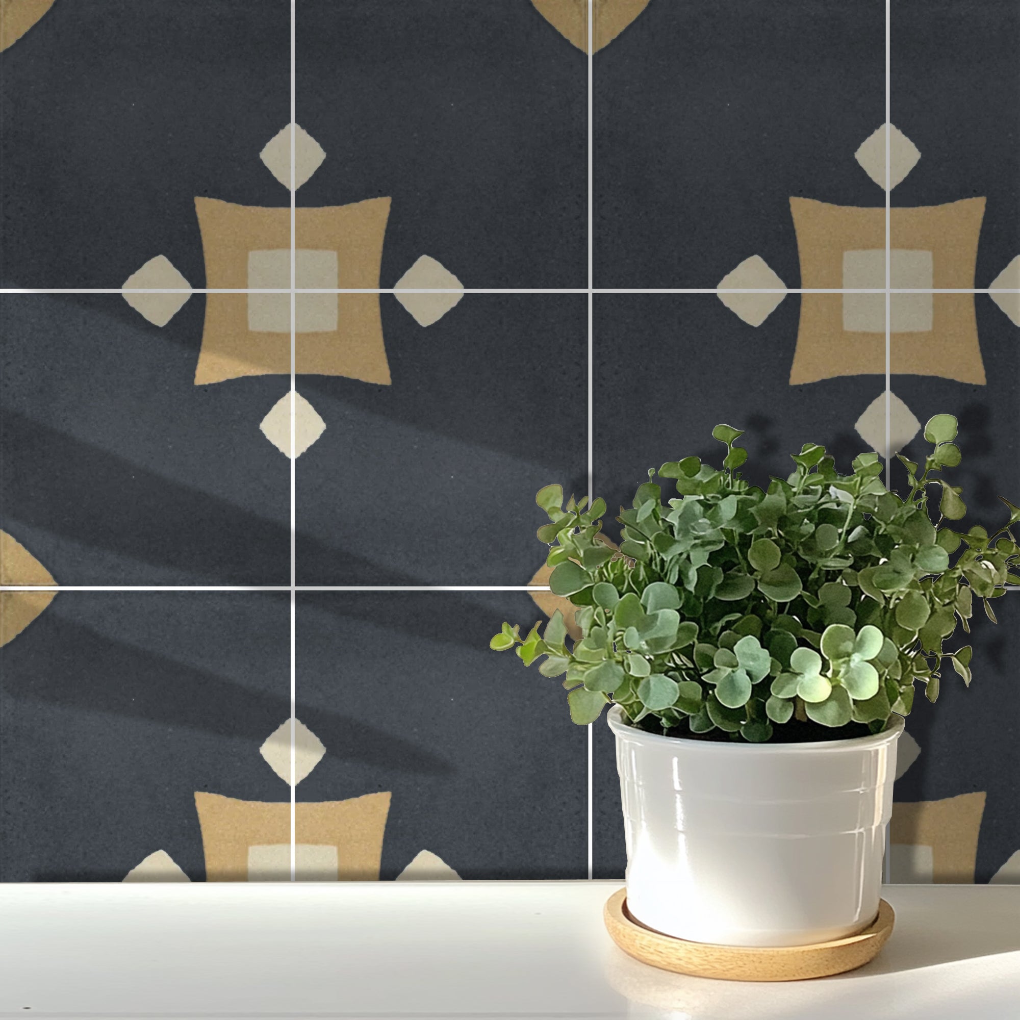 a potted plant sitting on a counter in front of a tiled wall