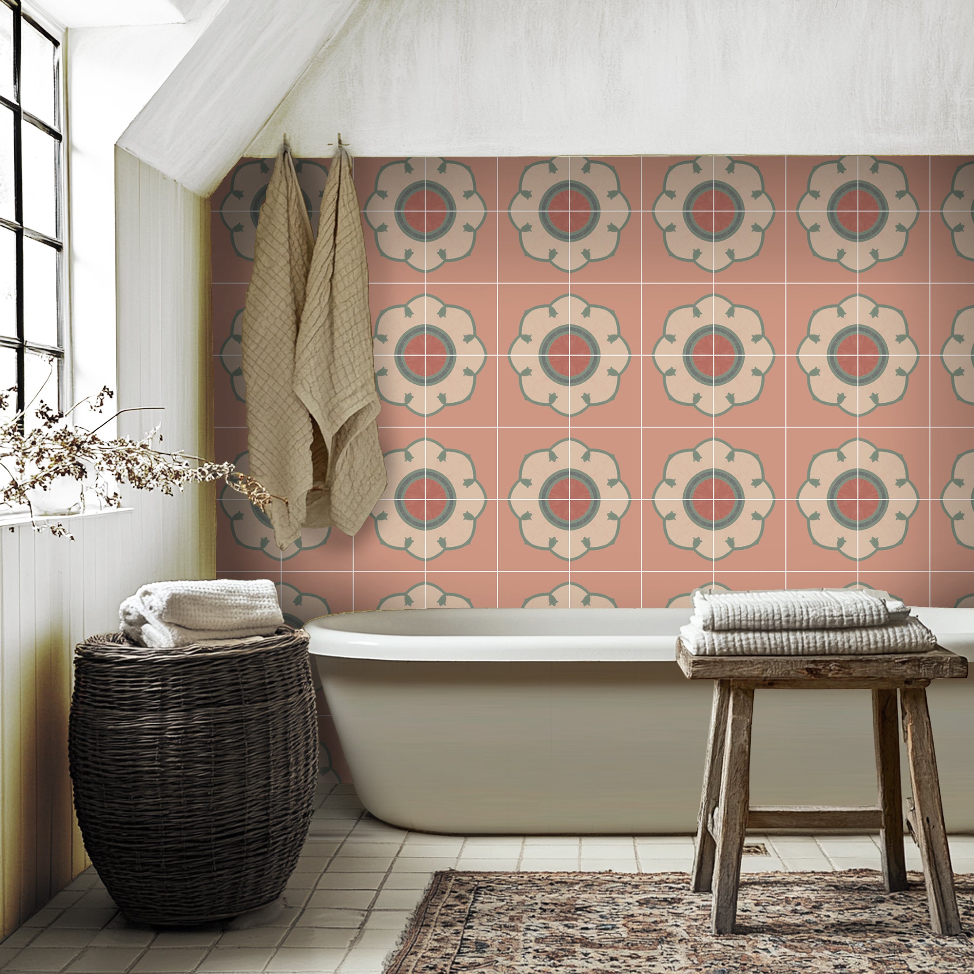 a bathroom with a bathtub and a rug on the floor