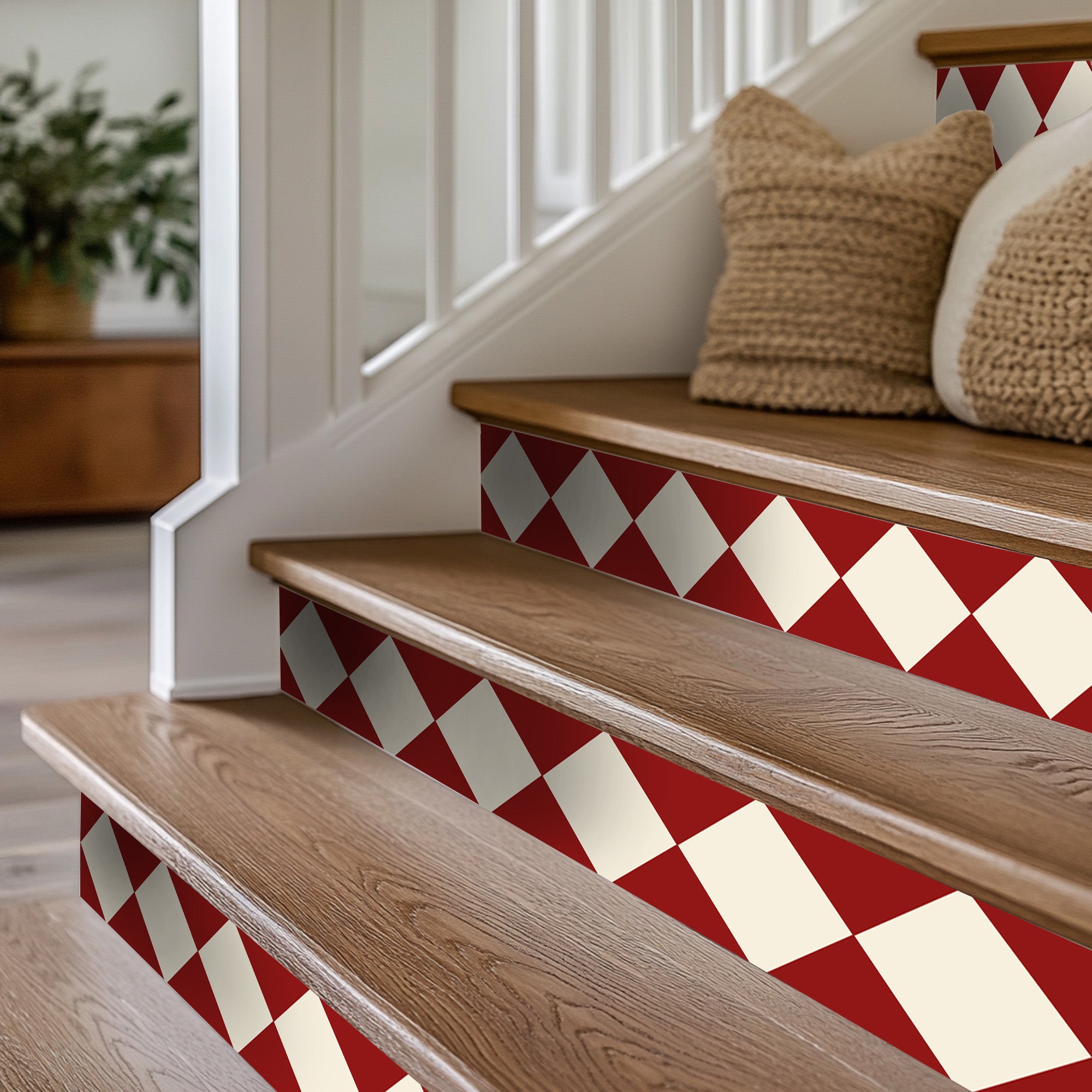 a set of stairs with a red and white checkerboard design