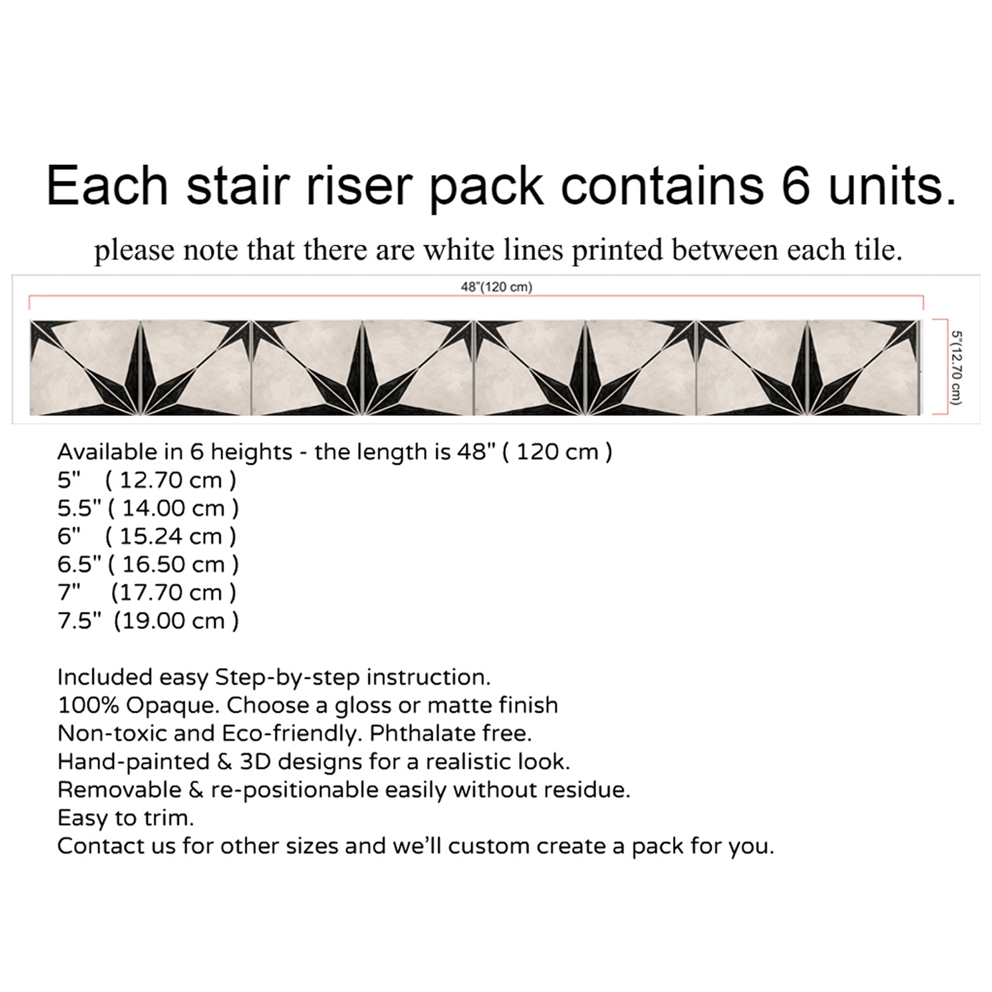 PROMO! Astra in Black Stair Riser Stickers - 7 strips in 7" height x 48" long