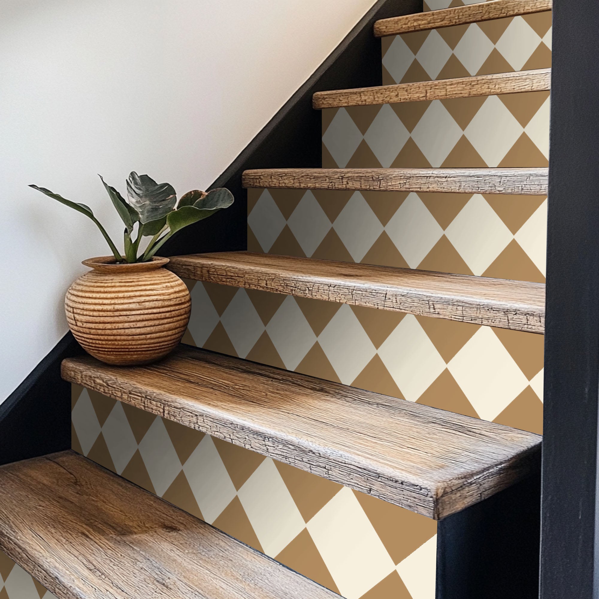 Checkerboard Stair Riser Stickers Bone White and Gold Leaf