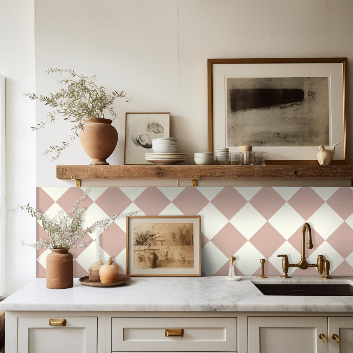 Pink Chekered Tile Checkerboard in Blush Pink Tile Sticker