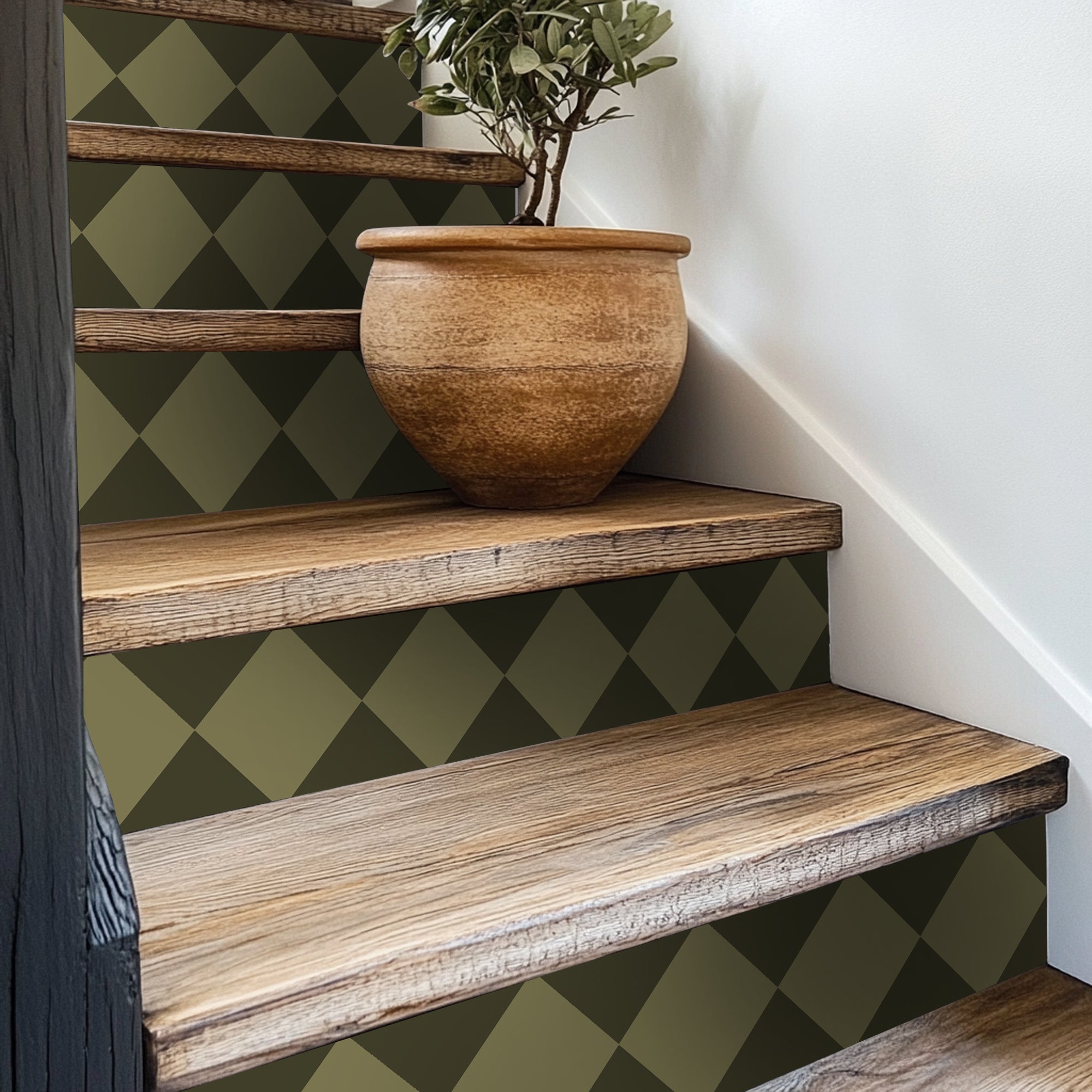 Checkerboard Stair Riser Stickers Spruce and Dark Olive