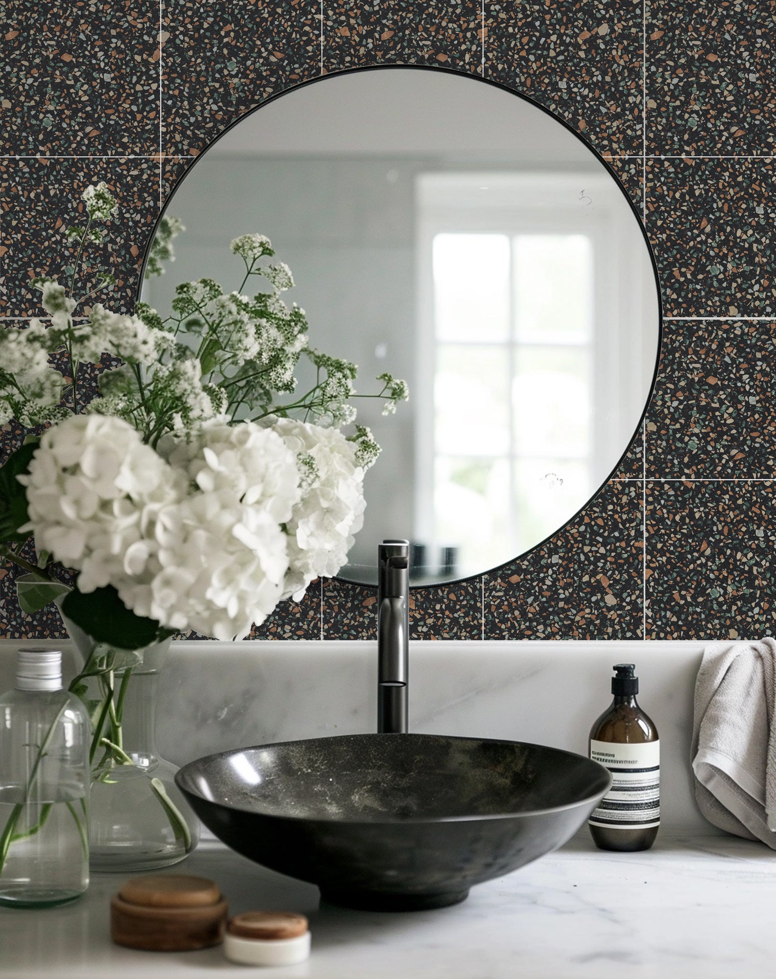 Terrazzo Earthy Black Vinyl Tile Sticker